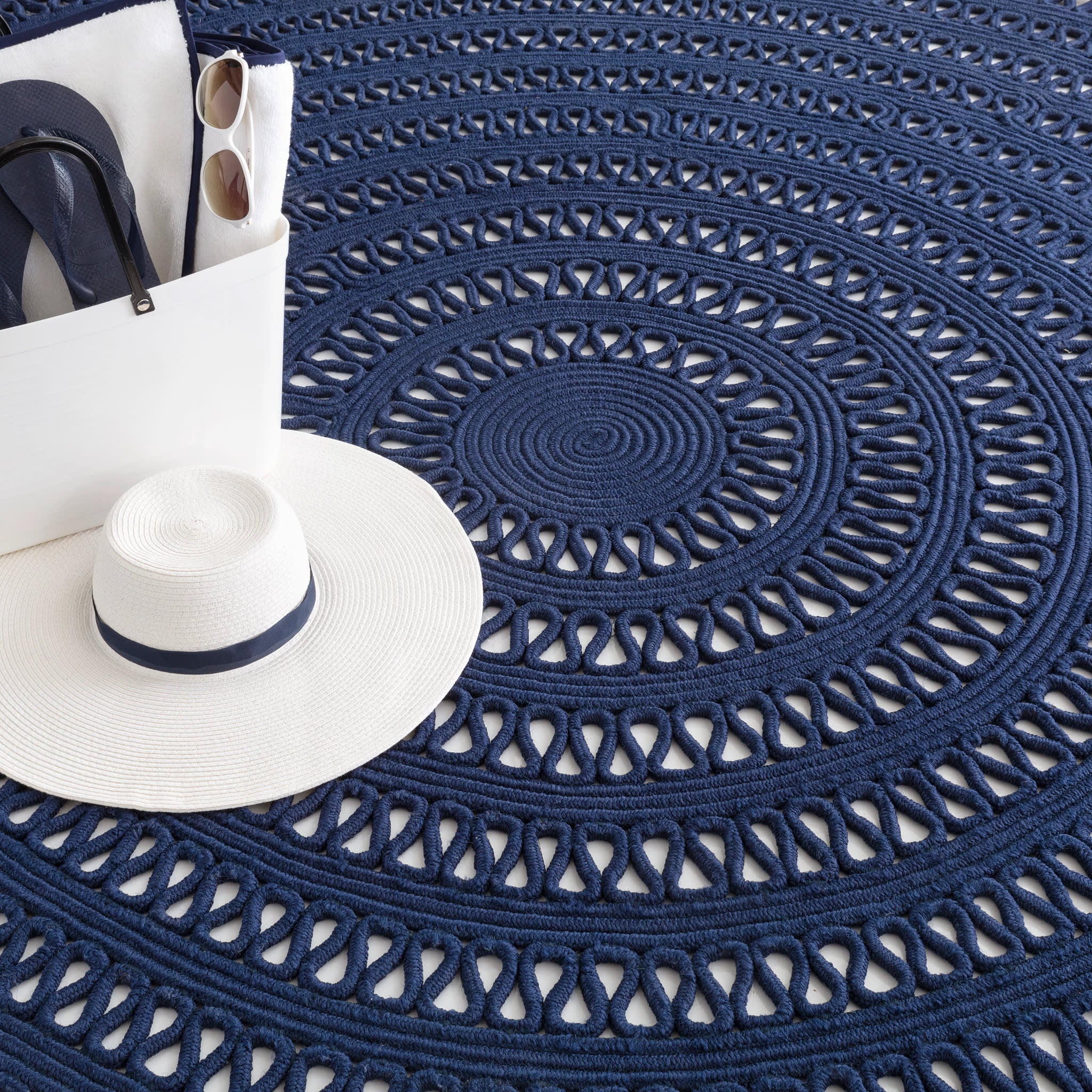 Handwoven Navy Blue Round Jute Rug - Indoor/Outdoor Boho Decor for Living Room, Bedroom & Patio