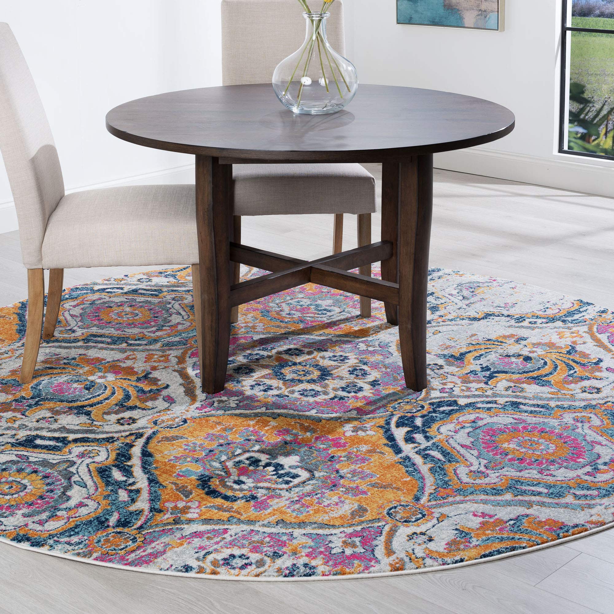 8ft Round Bohemian Area Rug - Pink Geometric Design for Living Room, Bedroom, Dining Room & Entryway - Soft Indoor Floor Carpet Perfect for Boho Home Decor