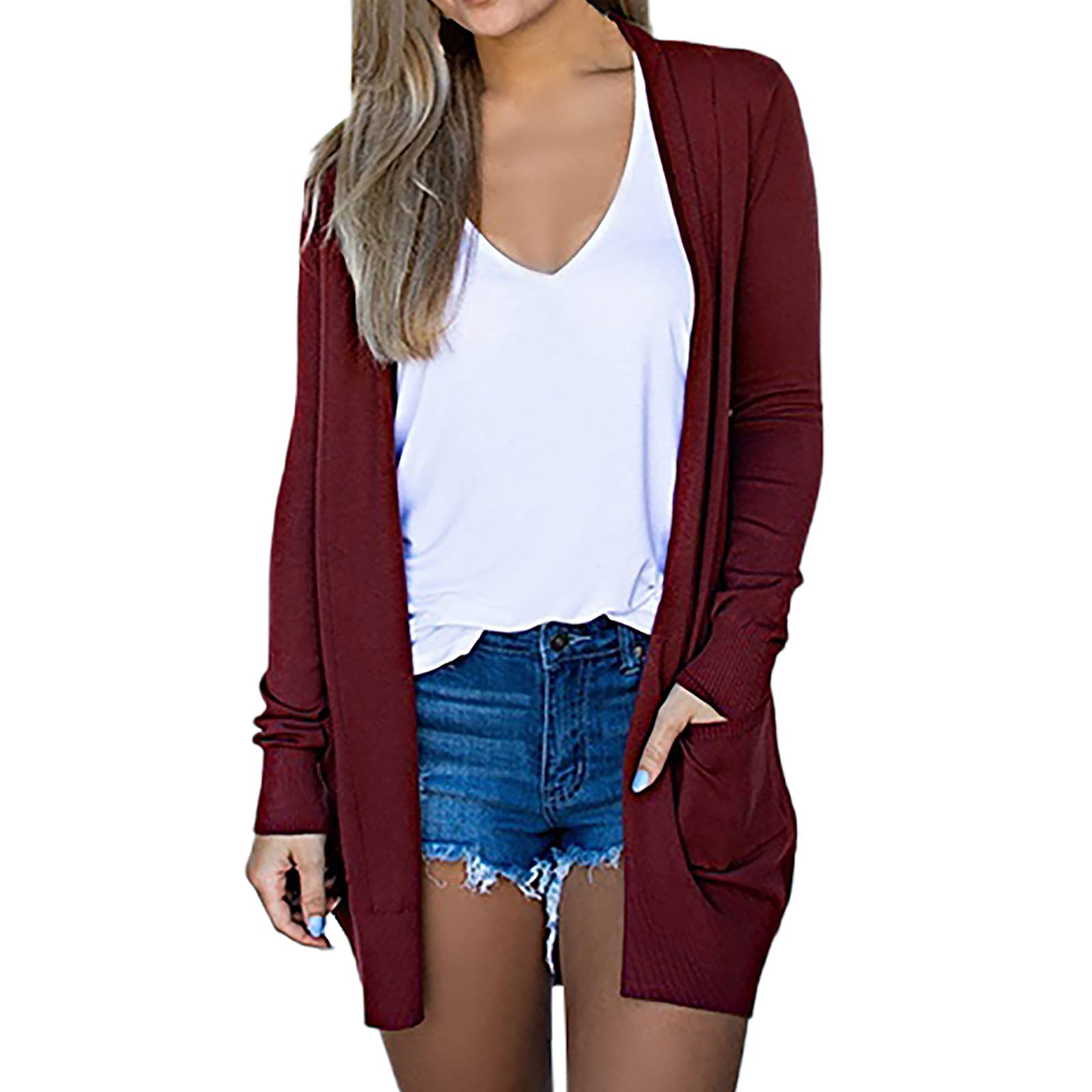 2023 Prime Big Deals Women's Cardigan - Solid Color Lightweight Long Sleeve Open Front Fall Blouse with Pockets | Cozy Office Wear & Casual Outfit Essential