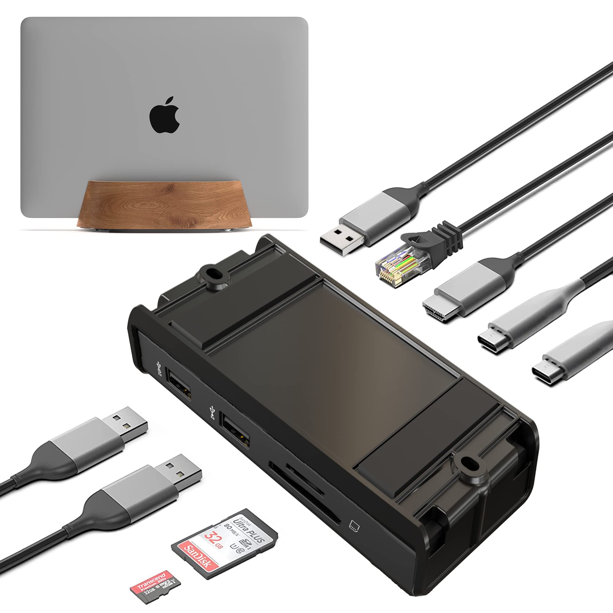 HumanCentric Vertical Laptop Stand with UnderDock USB-C Docking Station - Ergonomic Black Walnut Stand with 87W Charger & HDMI Dock for MacBook/Windows - Boost Productivity & Organize Workspace for Home Office & Remote Work