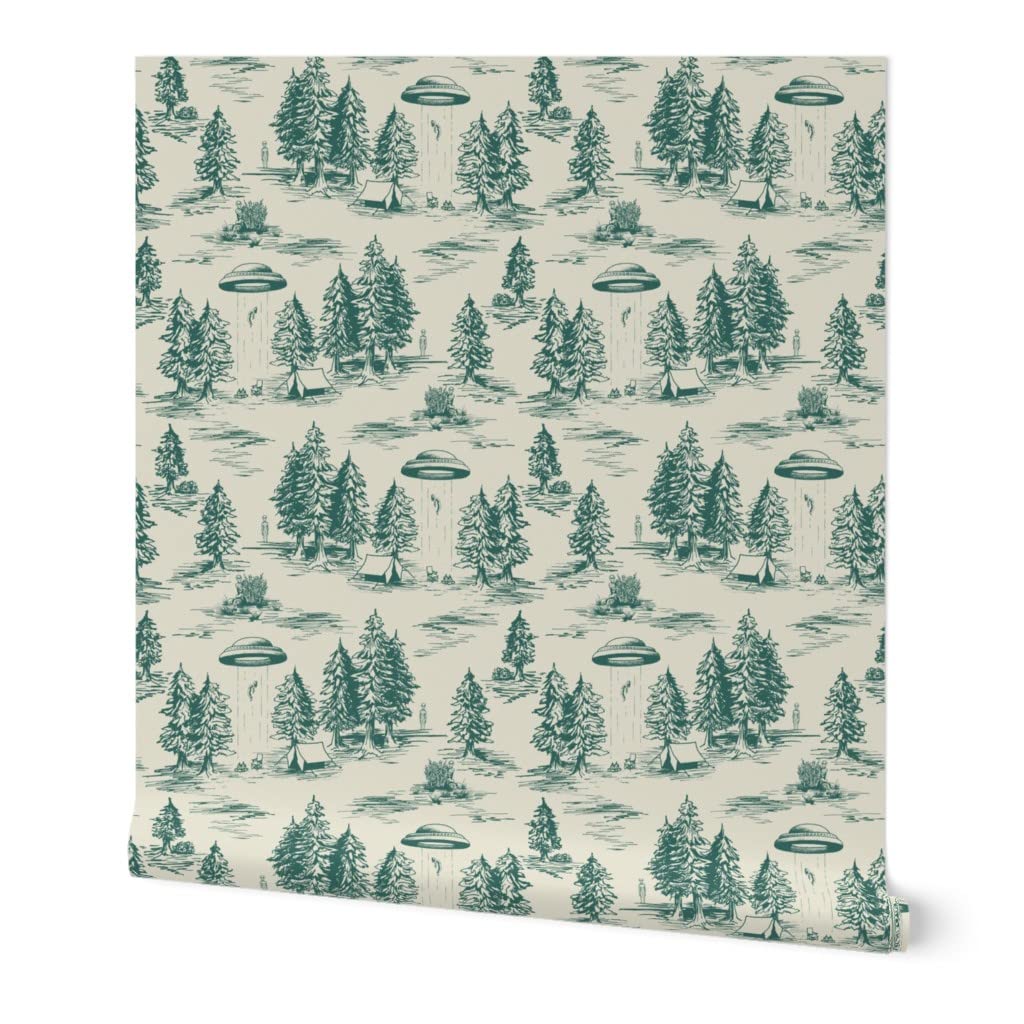 UFO Alien Abduction Teal Peel & Stick Wallpaper - 9ft x 2ft Removable Self-Adhesive Wallpaper | Funny Novelty Toile Design by Spoonflower | Perfect for Kids' Rooms, Home Decor & Unique Gift Ideas