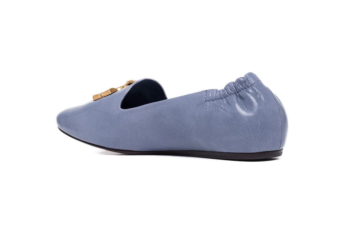 Tory Burch Women's Eleanor Spring Lotus Light Blue Leather Loafers with Gold Logo - Comfortable Slip-On Shoes for Work, Office & Casual Outfits