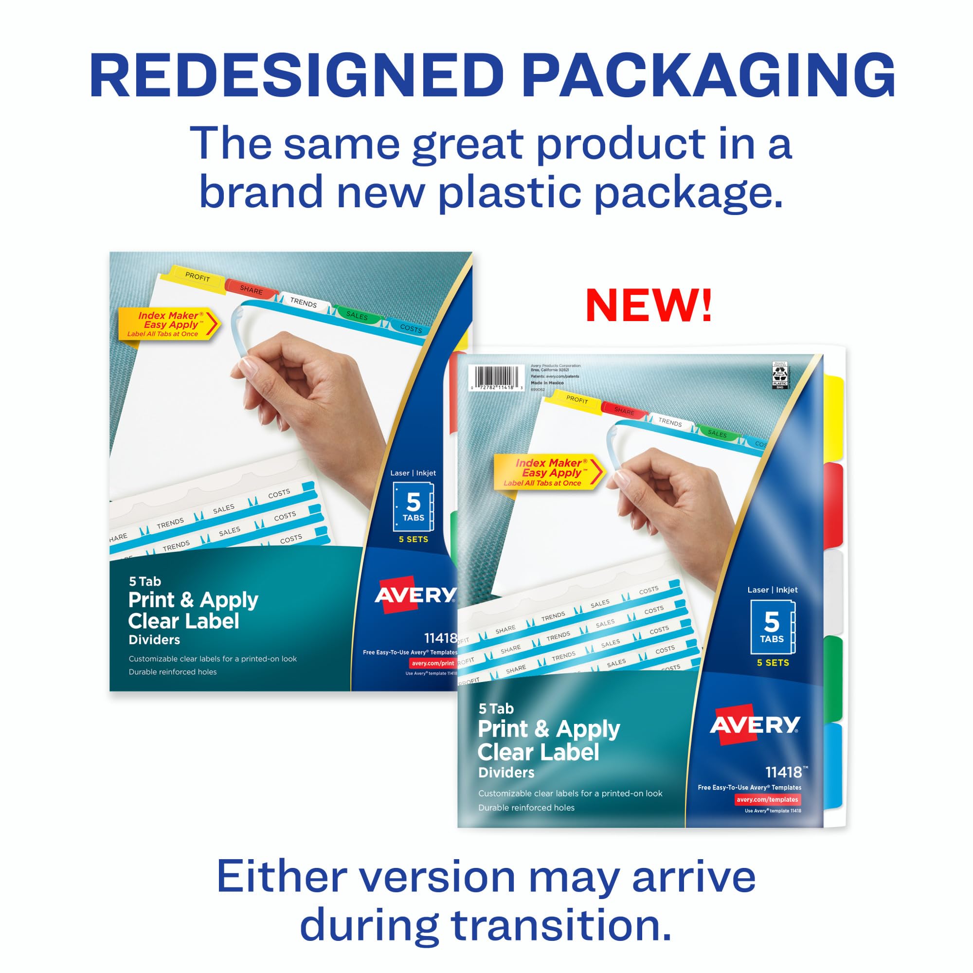 Avery 5 Tab Dividers for 3 Ring Binder - Easy Print & Apply Clear Label Strips, Customizable Multicolor Index Tabs, 5 Sets (11418) - Perfect for Office Organization, School Projects & Document Filing