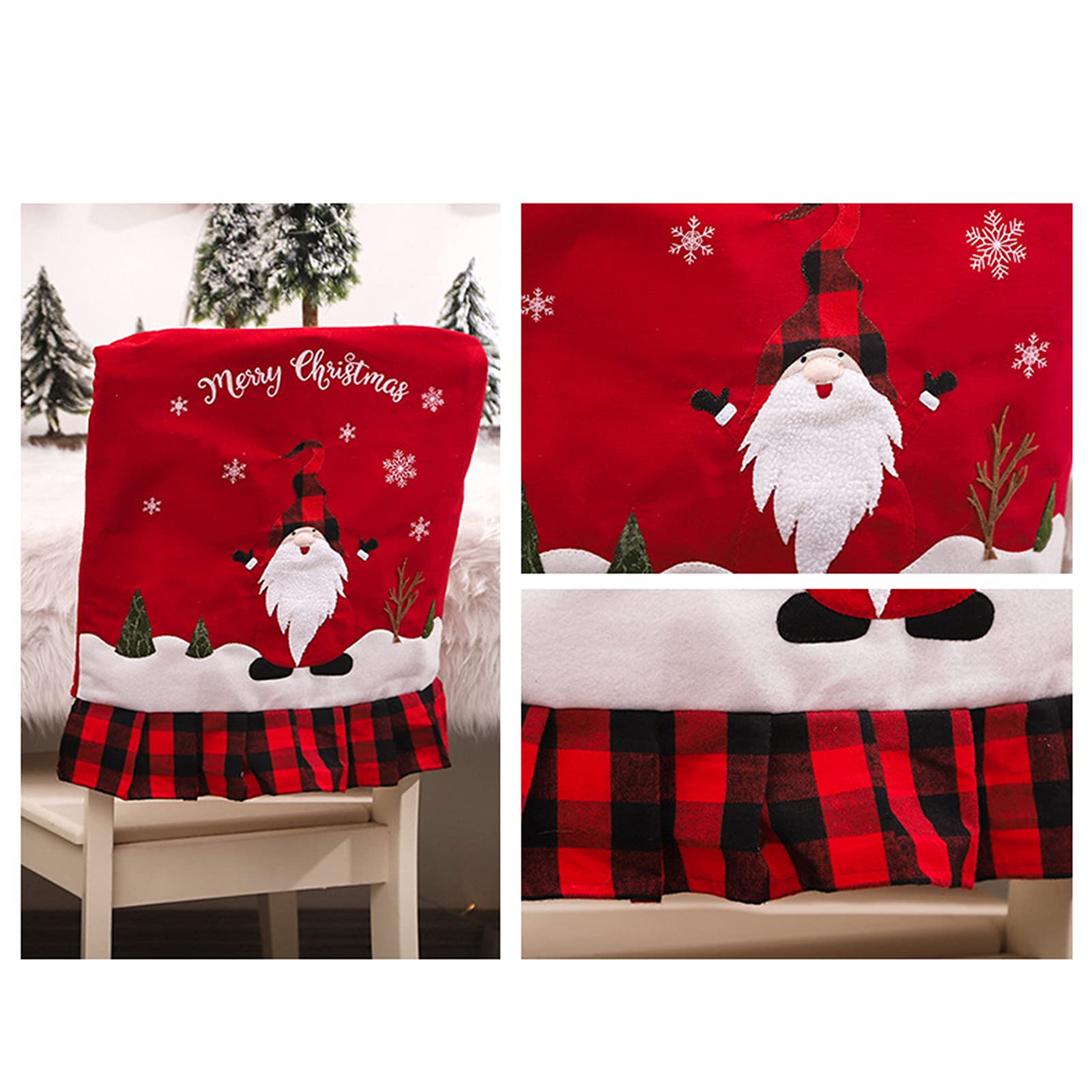Christmas Chair Covers Set of 3 - Buffalo Plaid Gnome Decor for Dining Room