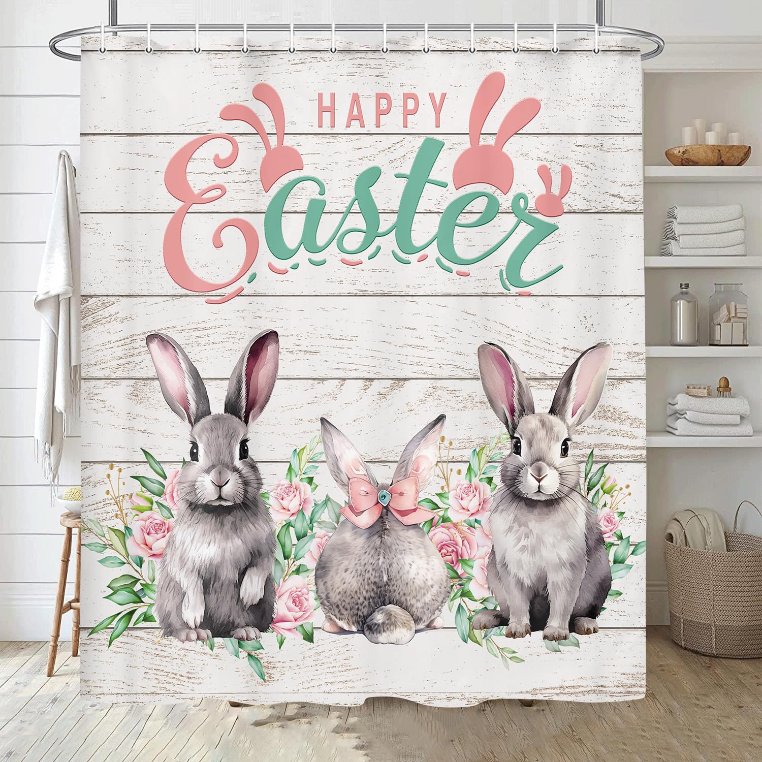 JAWO Easter Rabbit Shower Curtain - Funny Gray Bunny Design on Rustic Wooden Background, Farmhouse Spring Holiday Bathroom Decor with Hooks, 69x70 Inches - Perfect for Easter Decorations, Farmhouse Bathroom Themes, and Seasonal Home Refresh