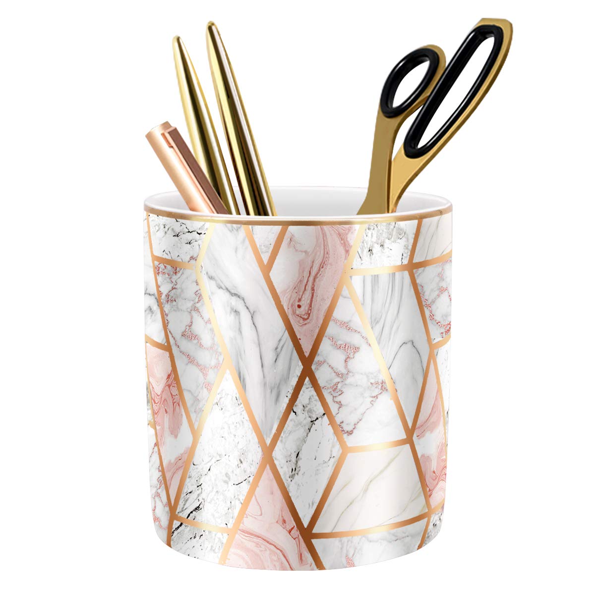 Waveyu Ceramic Desk Organizer - Rose Gold Marble Pencil Cup & Makeup Brush Holder | Durable Office & Classroom Supplies | Perfect for Organizing Pens, Pencils, Brushes on Work Desk or Study Table