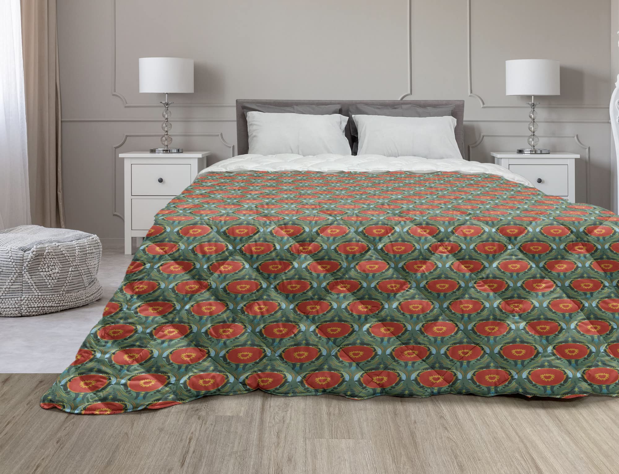 Ambesonne Abstract Down Alternative Comforter - Floral & Scandinavian Style Poppy Silhouette Print, All-Season Microfiber Quilt, Full Size in Jade Green & Burnt Orange - Perfect for Bedroom Decor, Guest Room & Cozy Home Styling