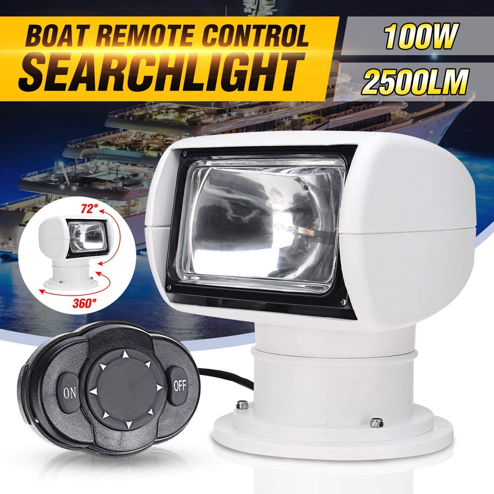 12V 100W 2500LM Waterproof Marine Spotlight - 360° Rotating Remote Control Boat Search Light with IP67 Rating for Fishing, Night Navigation & Emergency Rescue