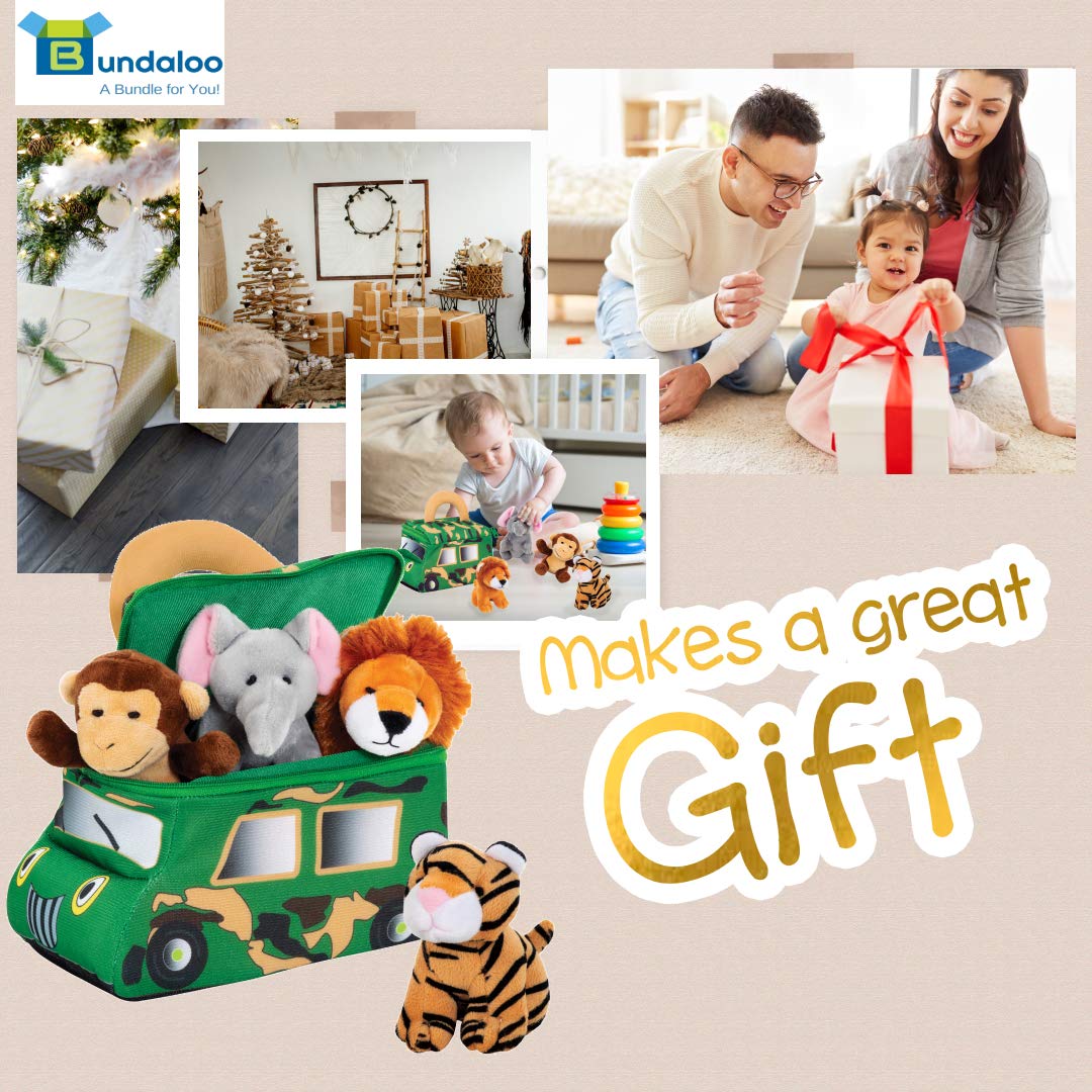 Bundaloo Plush Jungle Animals Set with Realistic Sounds - Soft Stuffed Animal Toys for Kids with Safari Truck Carrier - Mini Tiger, Lion, Monkey & Elephant - Perfect for Pretend Play, Nursery Decor & Safari-Themed Birthday Gifts