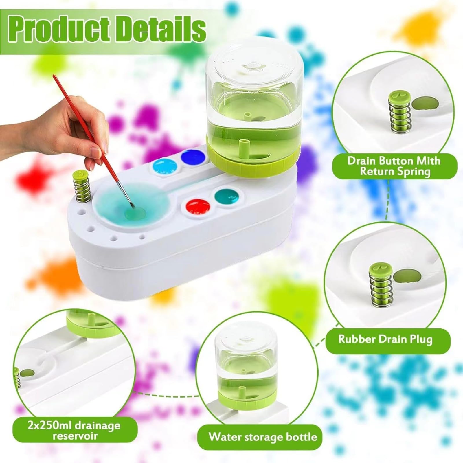 Paint Brush Rinser & Cleaner Cup with Drain Holder - Automatic Hand-Free Brush Washer for Acrylic, Watercolor & Water-Based Paints - Kids Art Station Accessories (Green, DP-DA1) - Perfect for Classroom, Home Studio & DIY Painting Projects