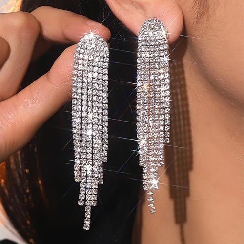C3：silver long rhinestone tassel earrings