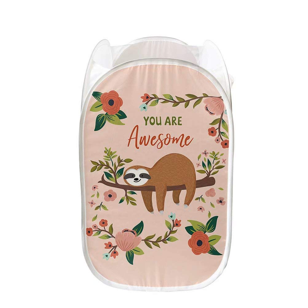 Foldable Pop-Up Mesh Laundry Hamper Basket - 61L Large Capacity (13.5x13.5x21 Inches) for Nursery, Bedroom & Toy Storage - Cream Pink Sloth Design - Perfect for Girls' Room Organization & Clothes Sorting