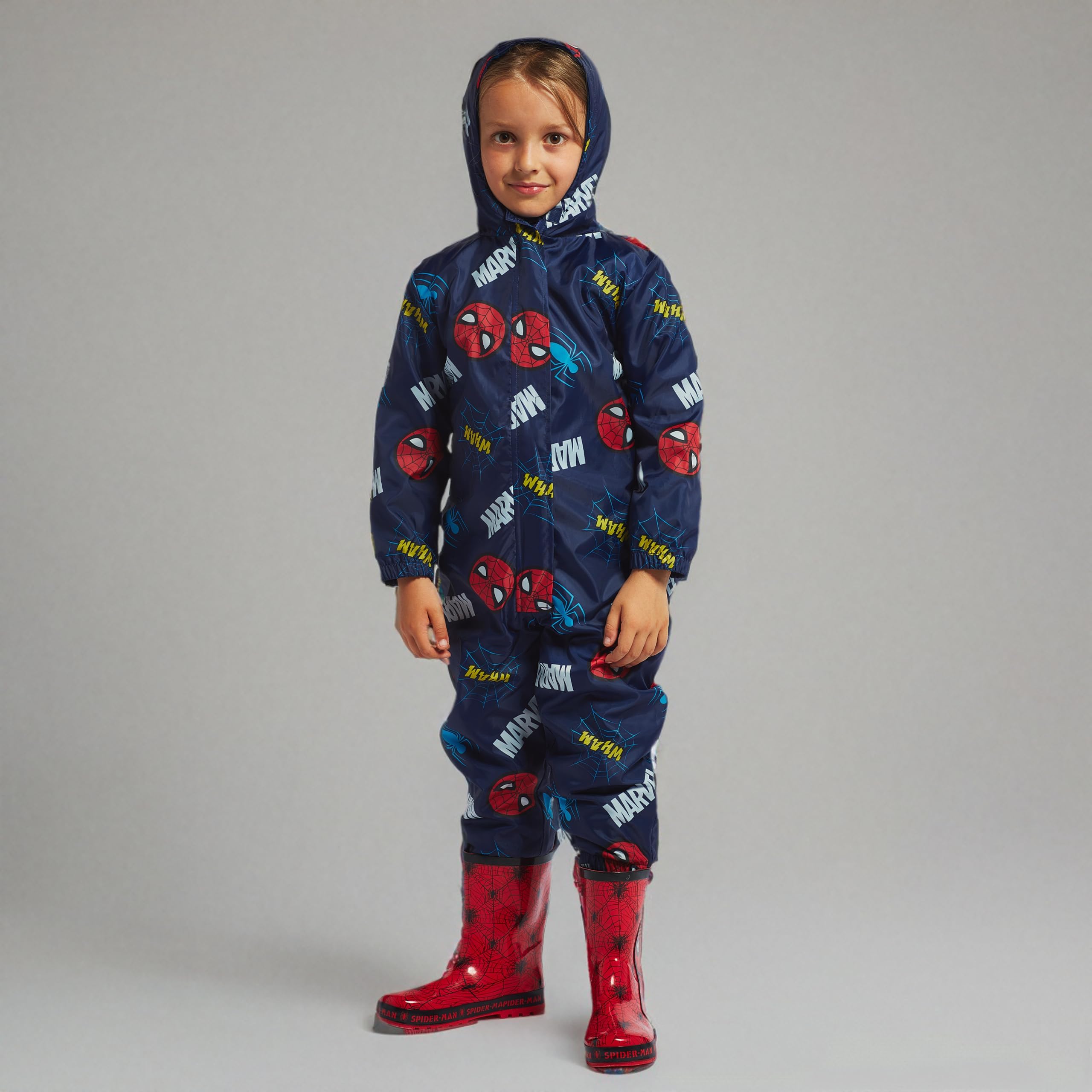 Marvel Spiderman Kids Rain Suit - Waterproof Boys' Rain Gear Overalls for Outdoor Play & School Commute