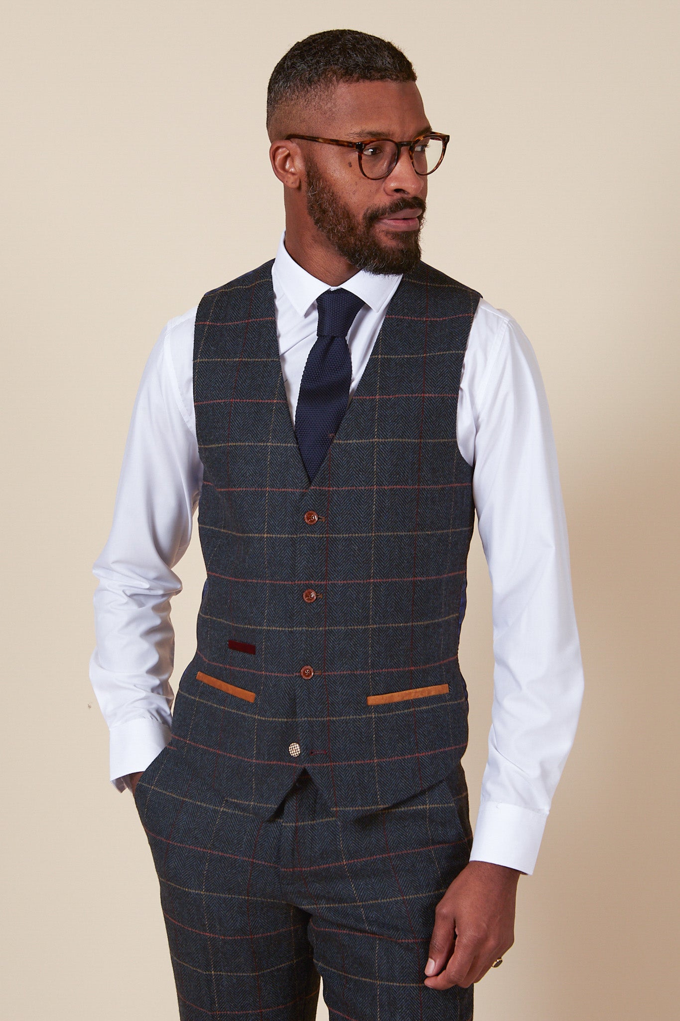 ETON Men's Single Breasted Navy Blue Tweed Check Waistcoat Vest - Formal & Casual Wear for Weddings, Office & Special Occasions