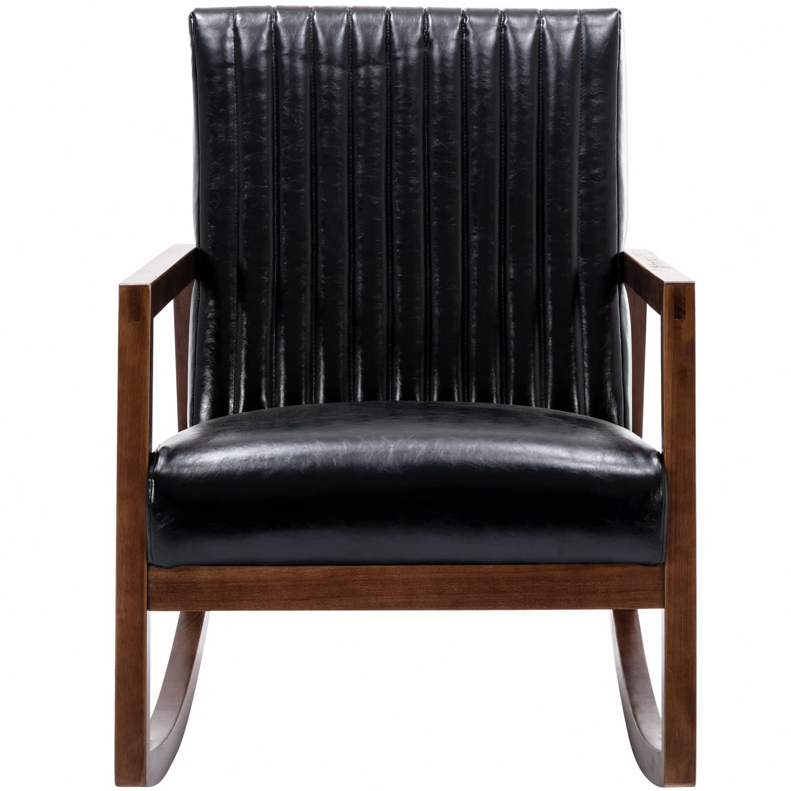 Wahson Set of 2 Mid Century Modern Wood Rocking Chairs - Faux Leather Upholstered Farmhouse Nursing & Living Room Rocker - Comfortable Lounge Chair for Bedroom, Nursery, Porch & Patio - Black (Perfect for Relaxing, Nursing Babies or Decorating Farmhouse Living Spaces)