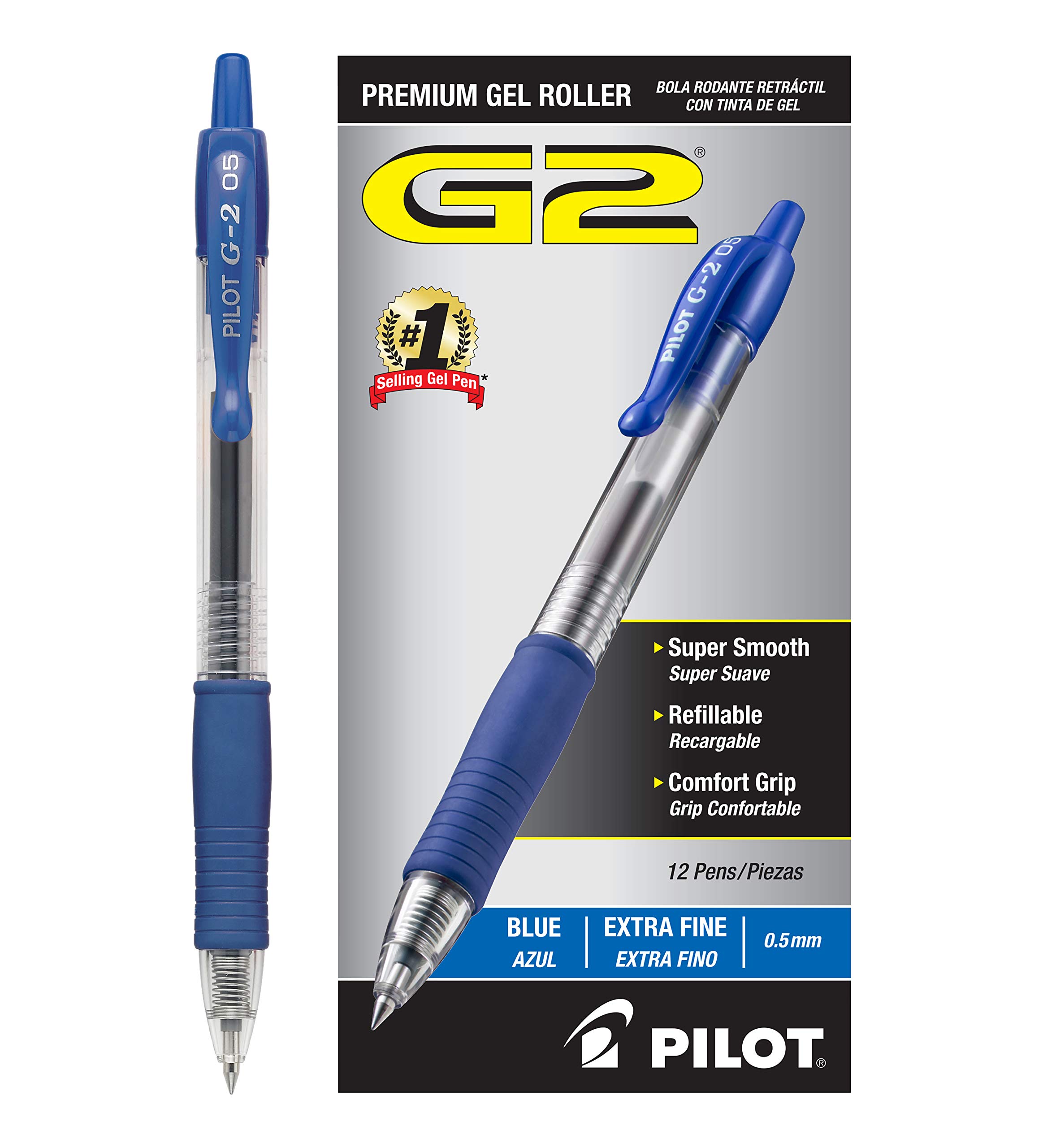 Premium PILOT G2 Retractable Gel Pens - Extra Fine Point (0.5mm) - Blue & Black Ink Refillable Rollerball Pens - 12-Pack Box (Pack of 2) - Ideal for Office, School, Note Taking & Gift Giving