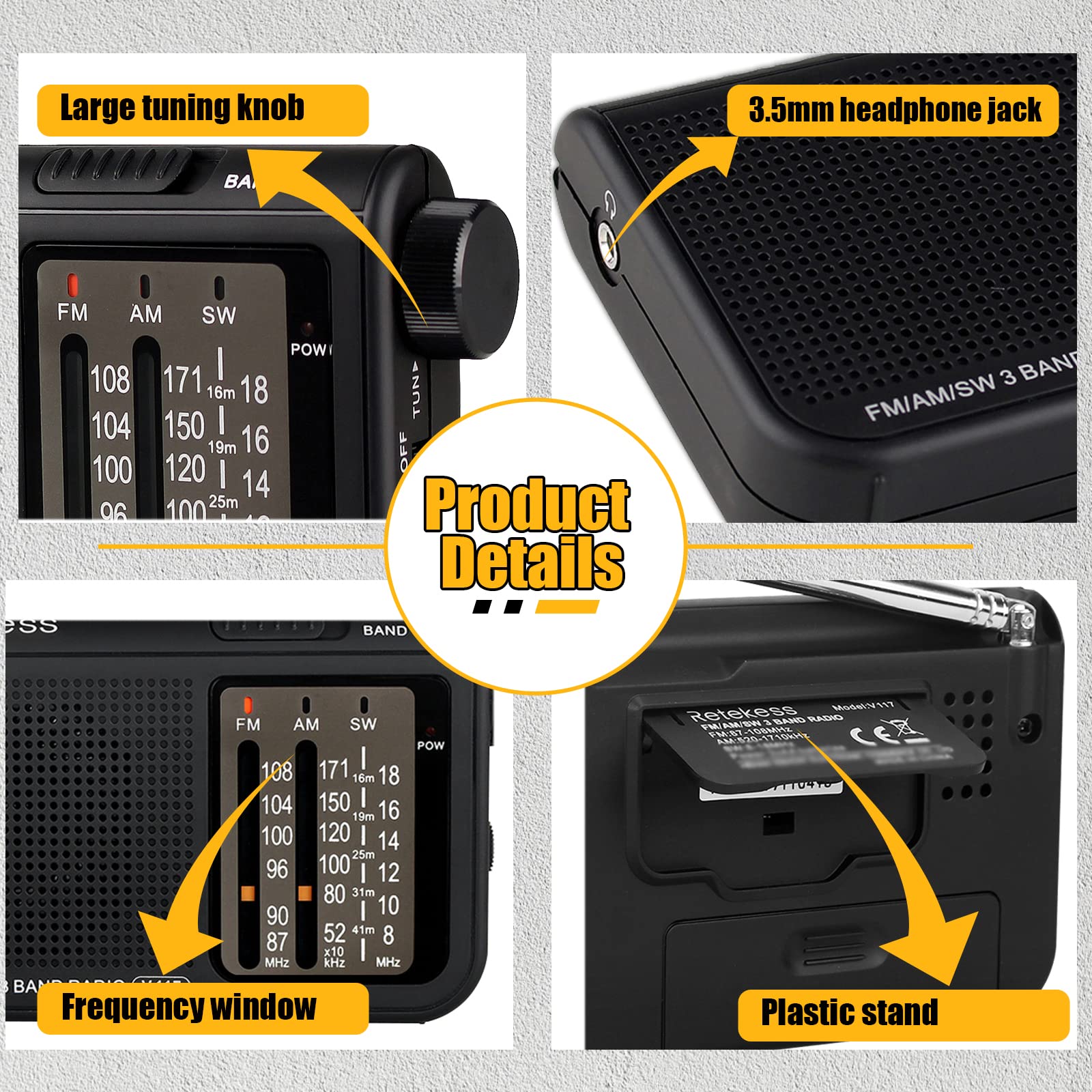 Retekess V117 Portable AM FM Shortwave Radio with Clear Dial & Best Reception - Transistor Radio for Seniors, Outdoor, Emergency, Travel (Black)