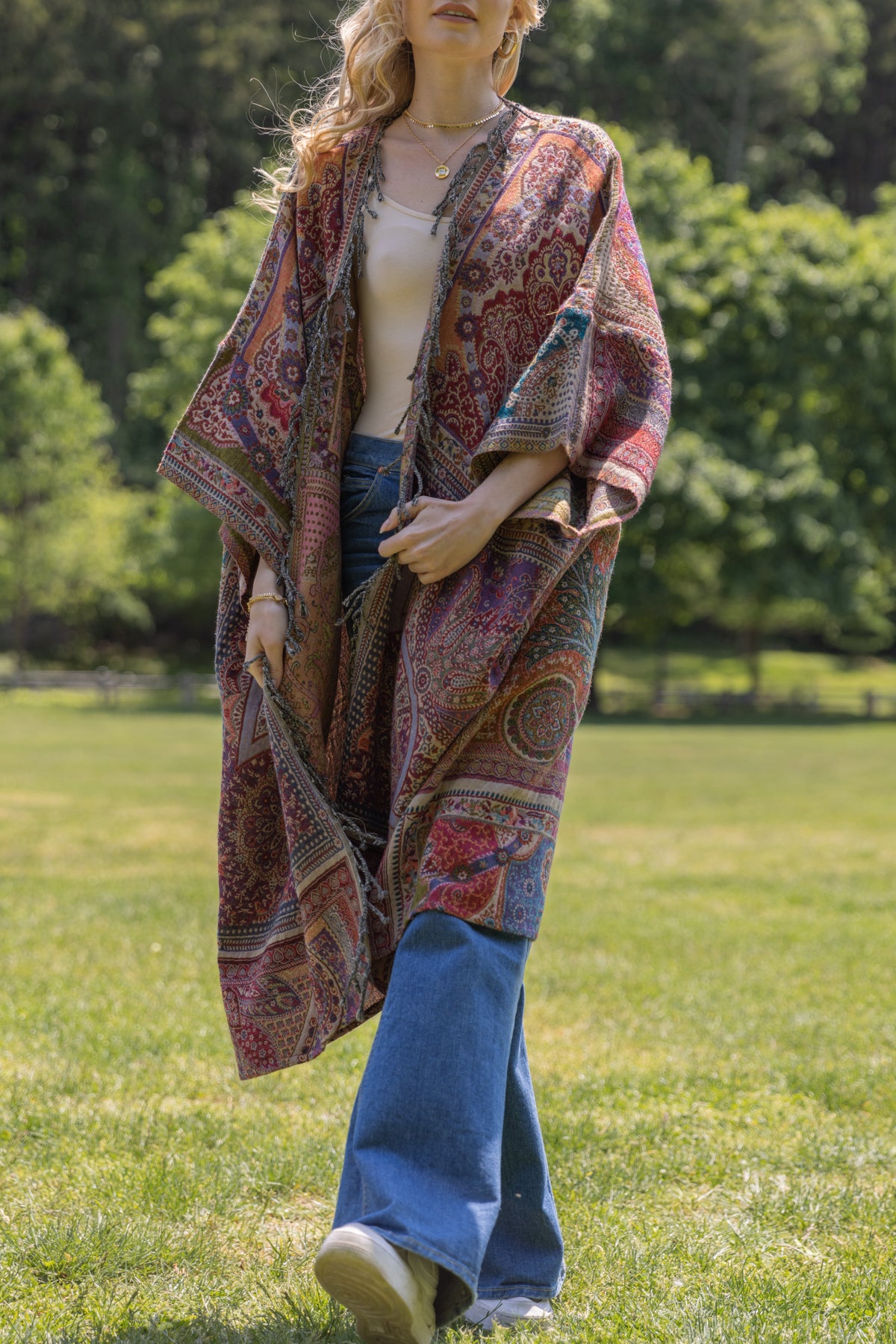Bohemian Vintage Kimono Cardigan - Lightweight Woven Cover Up for Women - Perfect for Beach, Music Festivals & Layering Outfits