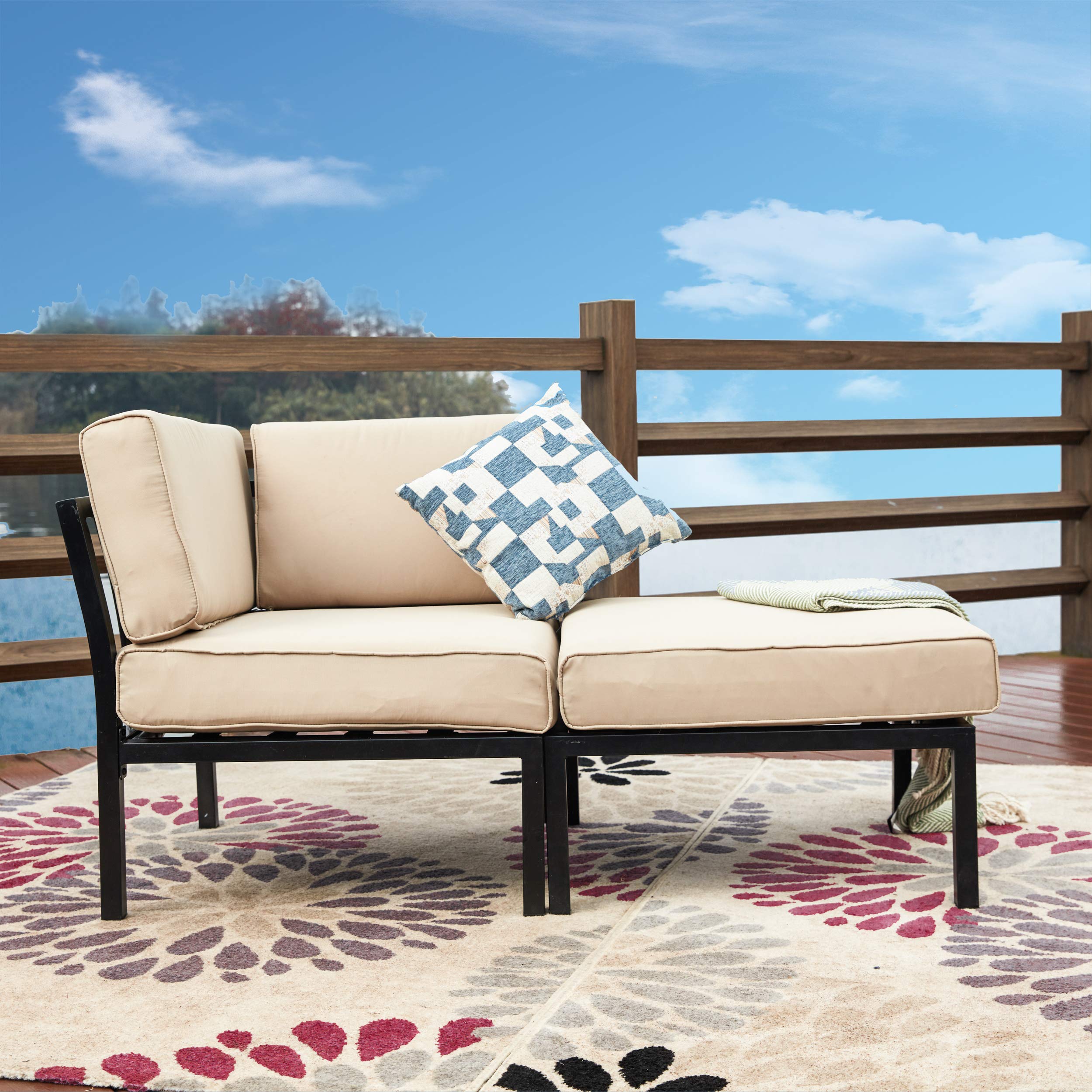 LOKATSE HOME 2-Piece Outdoor Patio Furniture Set - Wicker Loveseat Couch with Corner Sofa & Steel Frame Ottoman - Weather-Resistant Khaki - Perfect for Garden, Backyard, Balcony and Poolside Relaxation