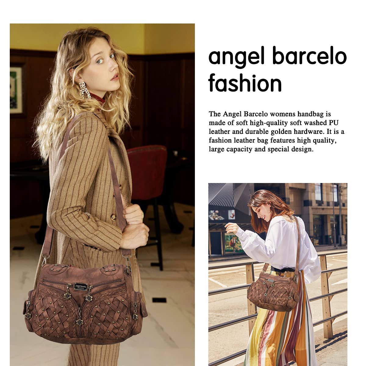 Angel Barcelo Women's Fashion Handbags - Tote, Shoulder Bag, Top Handle Satchel & Hobo Purse in Washed PU Leather | Perfect for Work, Travel & Everyday Use