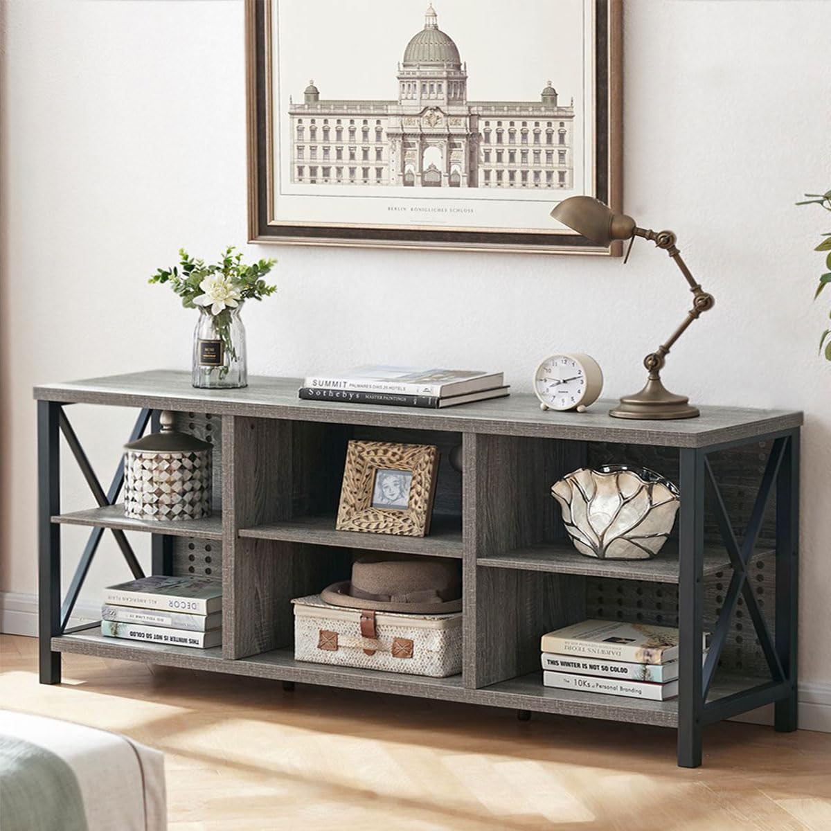 LVB 63 Inch TV Stand for 75 Inch TVs - Modern Rustic Wood & Industrial Metal Entertainment Center with Storage Cabinet - Light Gray Oak Media Console for Living Room & Bedroom | Perfect for Home Theater Setup & Living Space Organization