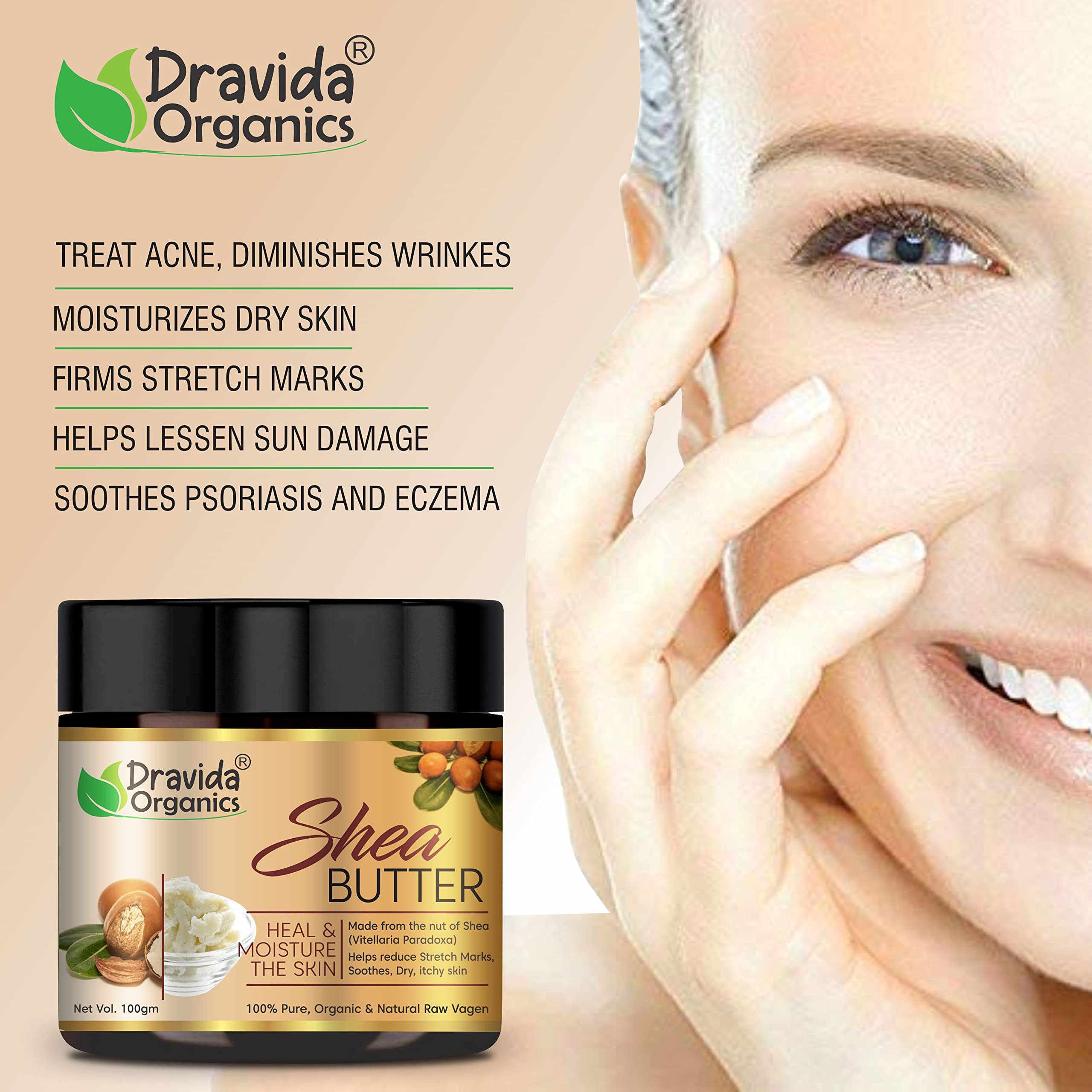 Dravida Organics 100% Pure Unrefined African Raw Shea Butter - Natural Moisturizer for Face, Lips, Skin & Body Care (100g) | Perfect for Dry Skin Treatment, Hair Conditioning & DIY Beauty Recipes