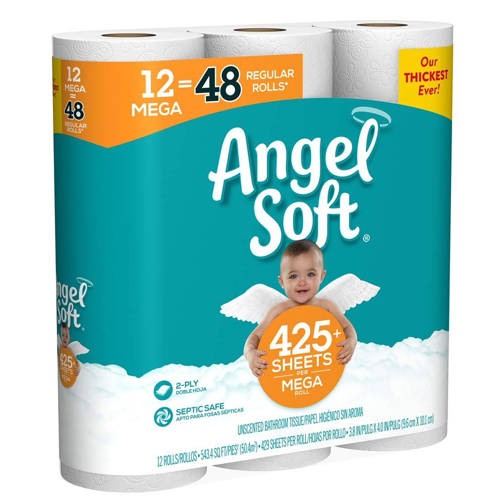 Angel Soft Toilet Paper - 12 Mega Rolls (Equivalent to 24 Regular Rolls) | Ultra Soft & Strong Bath Tissue for Home, Office & Travel Use