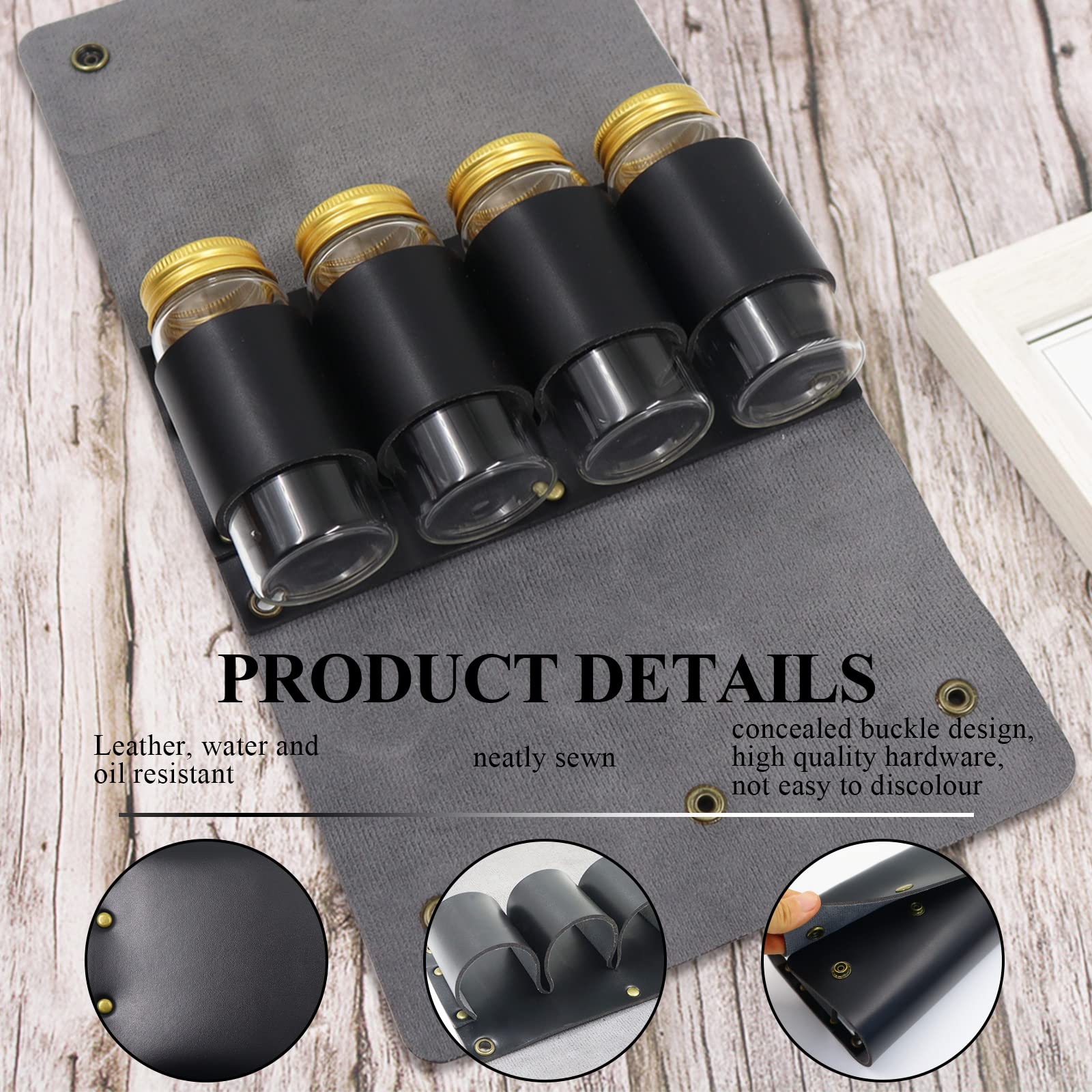 Portable Camping Spice Storage Bag with 4 Spice Jars - Waterproof PU Leather Seasoning Organizer for Travel, Hiking, BBQ & Outdoor Cooking | Compact Condiment Kit for Camping Essentials (Black)