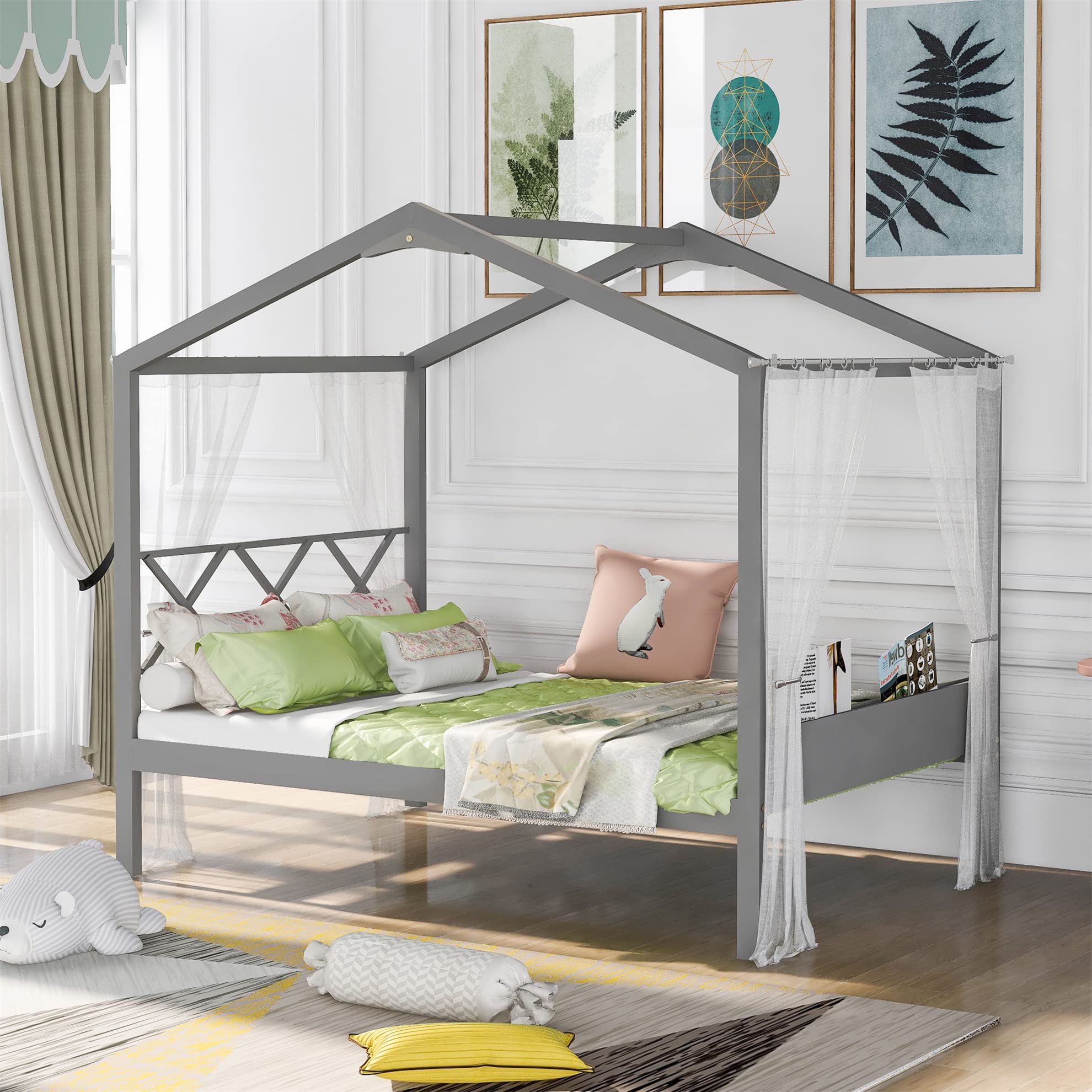 MERITLINE Full Size House Bed Frame with Roof - No Box Spring Needed, Sturdy Wooden Slats Included (Grey) - Perfect for Kids' Bedrooms, Playrooms & Cozy Reading Nooks