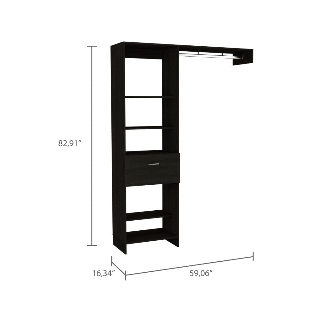 Dynamic 150 Closet Organizer System with 5 Open Shelves, 1 Drawer & Metal Clothes Rod - Black - Perfect for Bedroom, Walk-in Closet or Small Space Organization