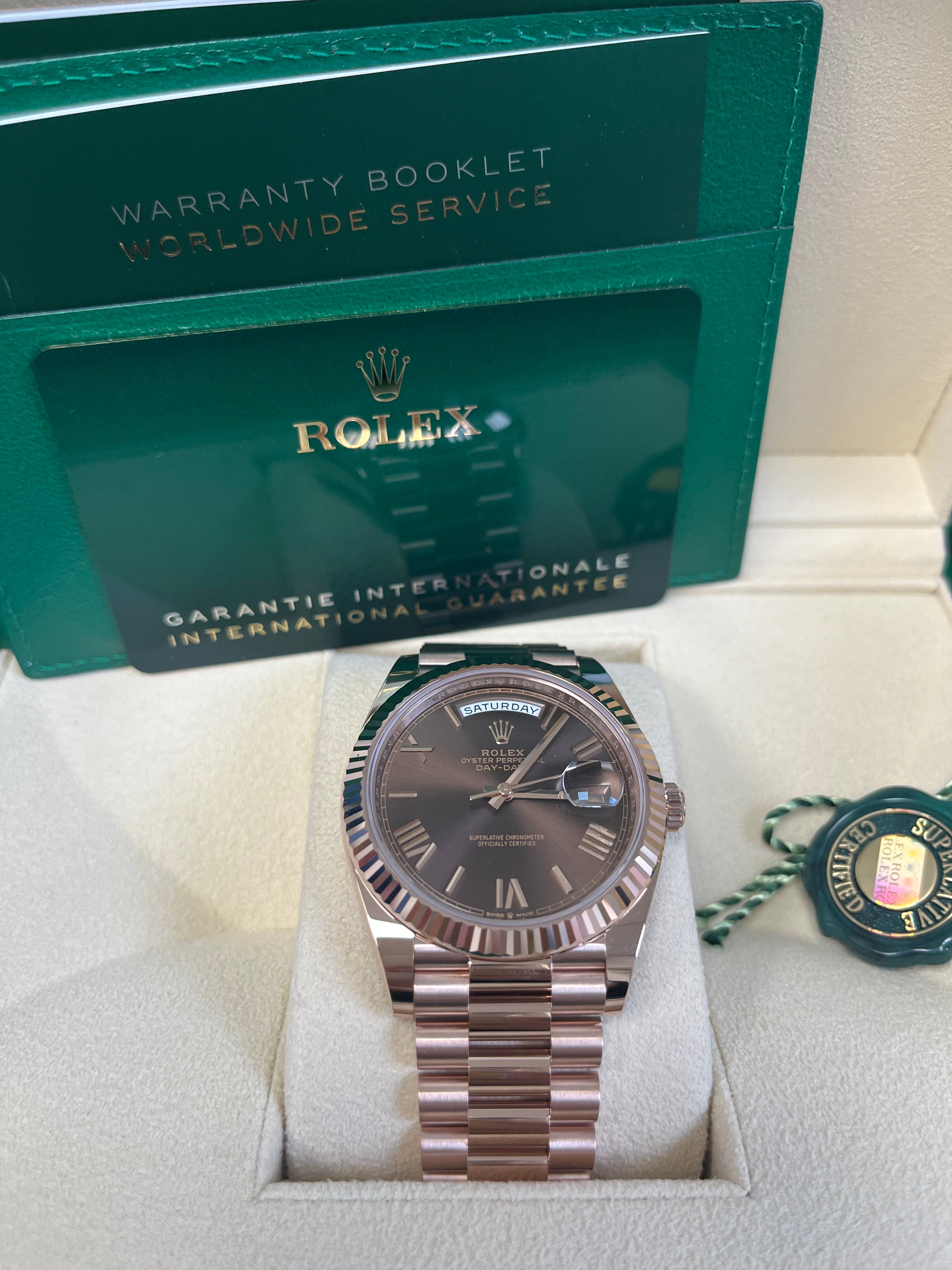 Rolex Day Date 40 Rose Gold Watch with Chocolate Roman Dial & Fluted Bezel (Ref# 228235) - Luxury Dress Watch for Business & Formal Occasions