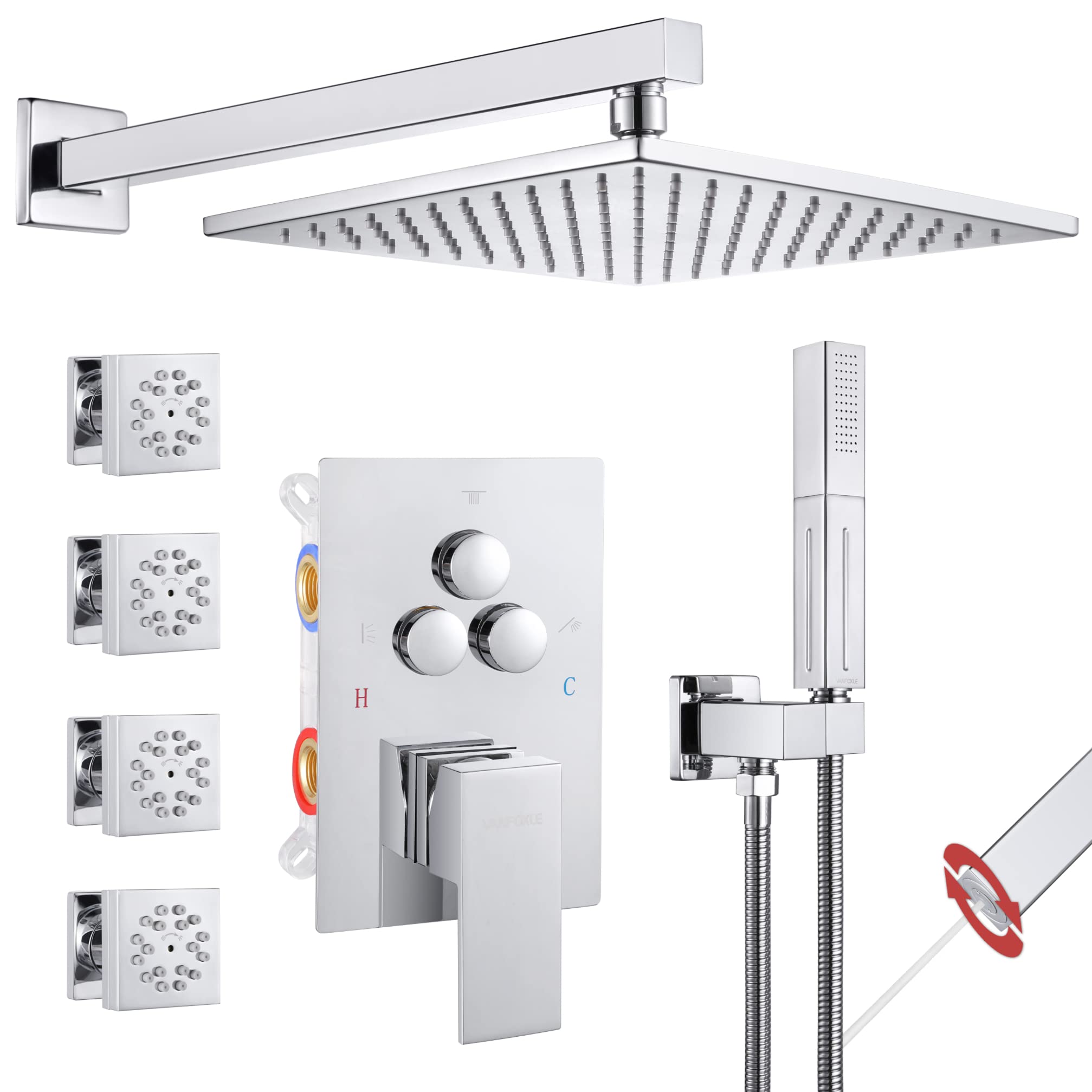 VANFOXLE Chrome Shower Faucet Set - 4 PCS Dual Mode Body Jets, Push Button Diverter & 2-in-1 Handheld Shower Head - 10 Inch Rainfall Shower System for Bathroom Renovation & Spa-Like Experience