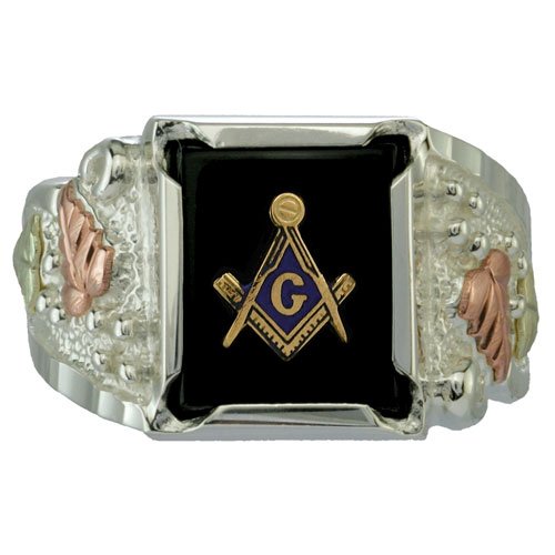 Sterling Silver Men's Black Hills Gold Masonic Ring with 12x10mm Natural Black Onyx - Perfect for Freemason Ceremonies & Gifts