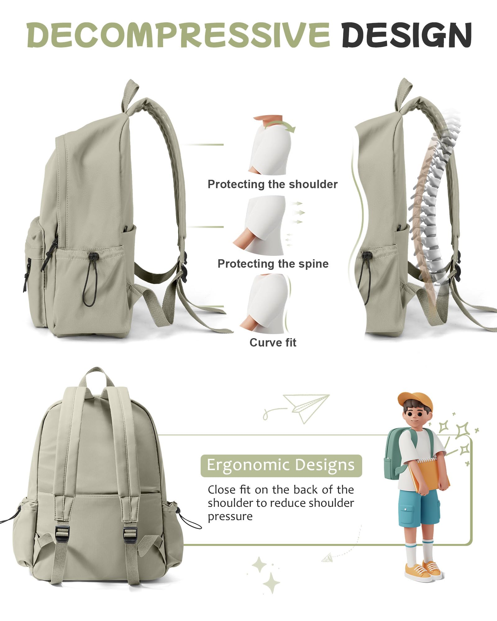 Stylish Green School Backpack for Women & Teens - Lightweight College Bookbag for Students, Durable Daypack for Boys & Girls - Perfect for School, Travel, and Daily Commute