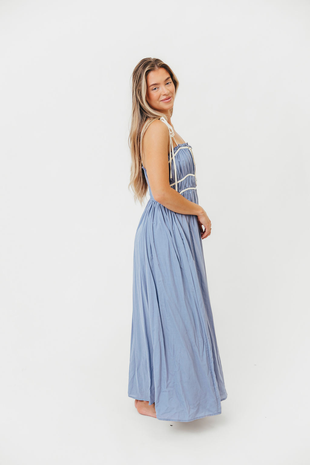 Hilsy Women's Cotton Blend Contrast Trim Maxi Dress - Elemental Blue | Flowy Long Dress for Summer, Beach, Vacation & Casual Wear