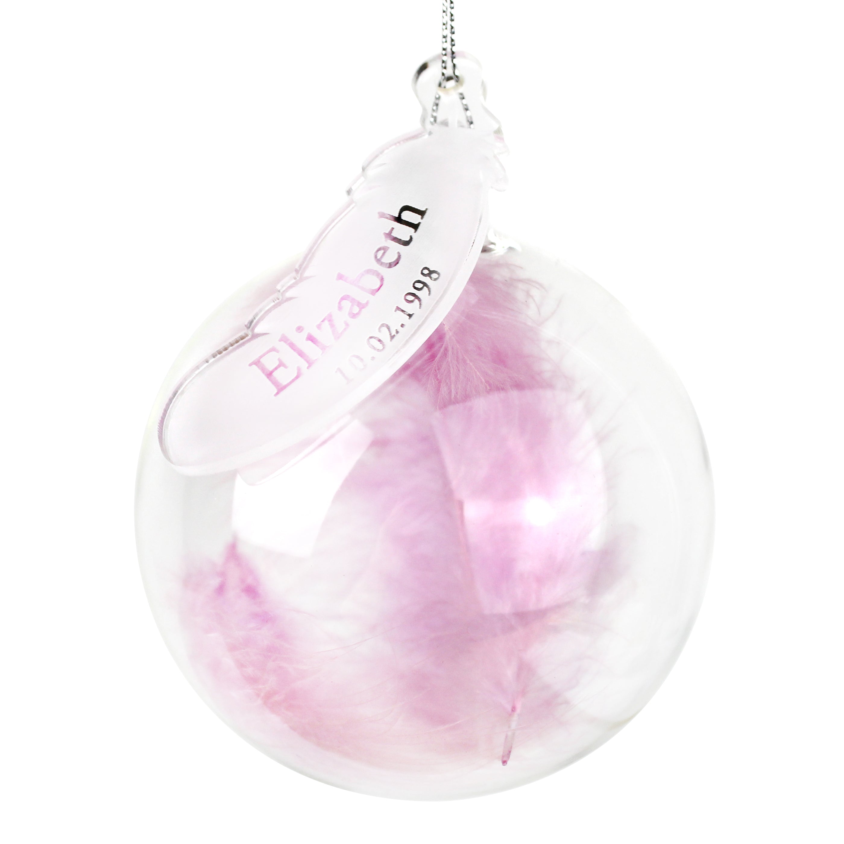 Personalized Pink Feather Christmas Ornament with Custom Name & Date - Elegant Glass Bauble for Holiday Tree Decor, Gift, and Keepsake
