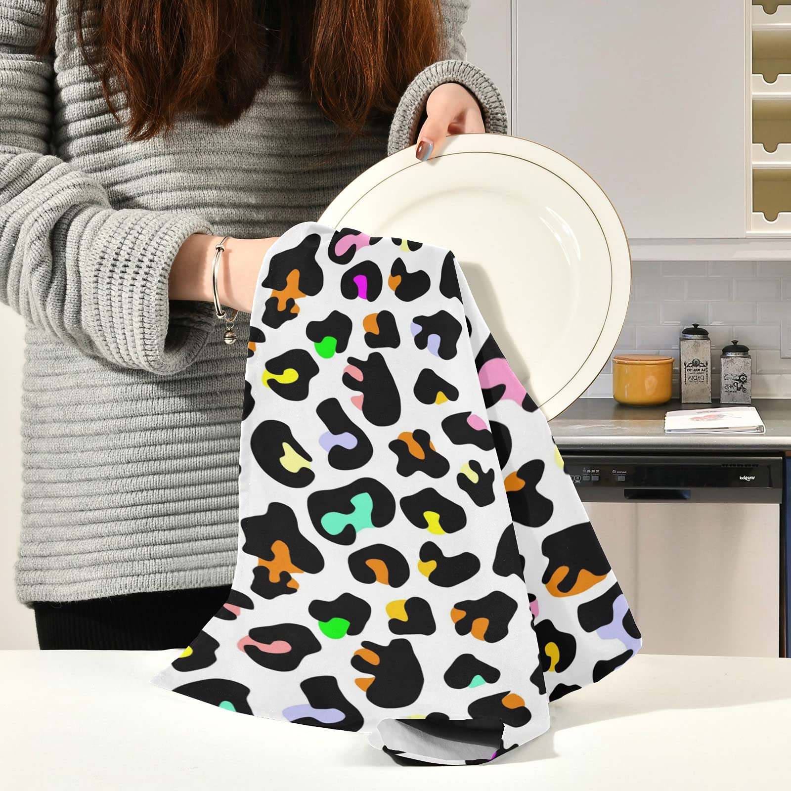 Vibrant Leopard Print Kitchen Towels Set of 4 - Super Absorbent, Fast Drying Reusable Dish Cloths (28