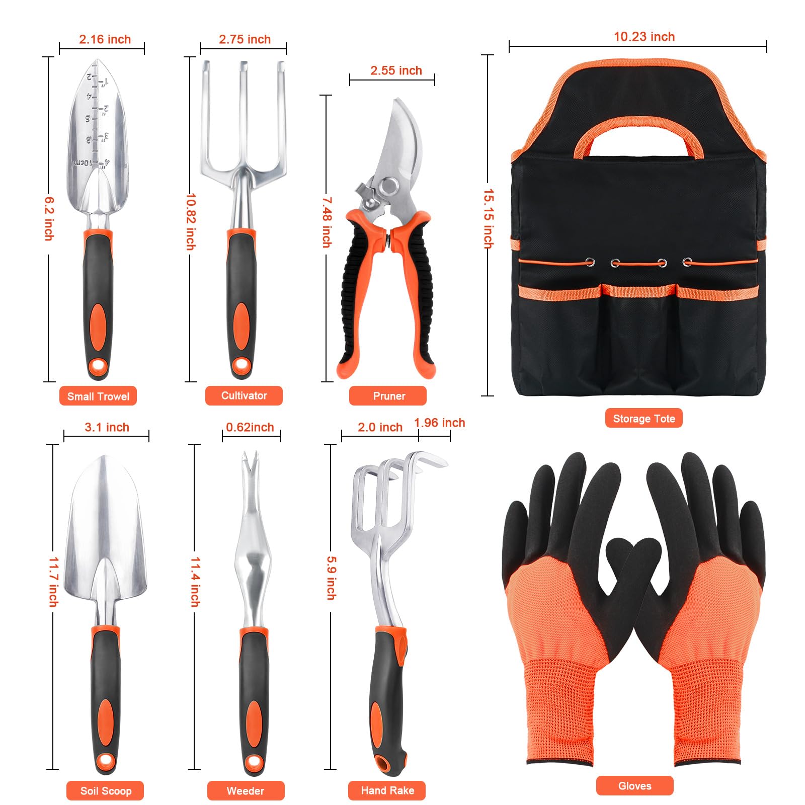 8-Piece Heavy Duty Garden Tools Set with Non-Slip Ergonomic Handles & Storage Bag - Durable Gardening Kit for Women & Men - Perfect for Planting, Weeding, and Landscaping (Orange)