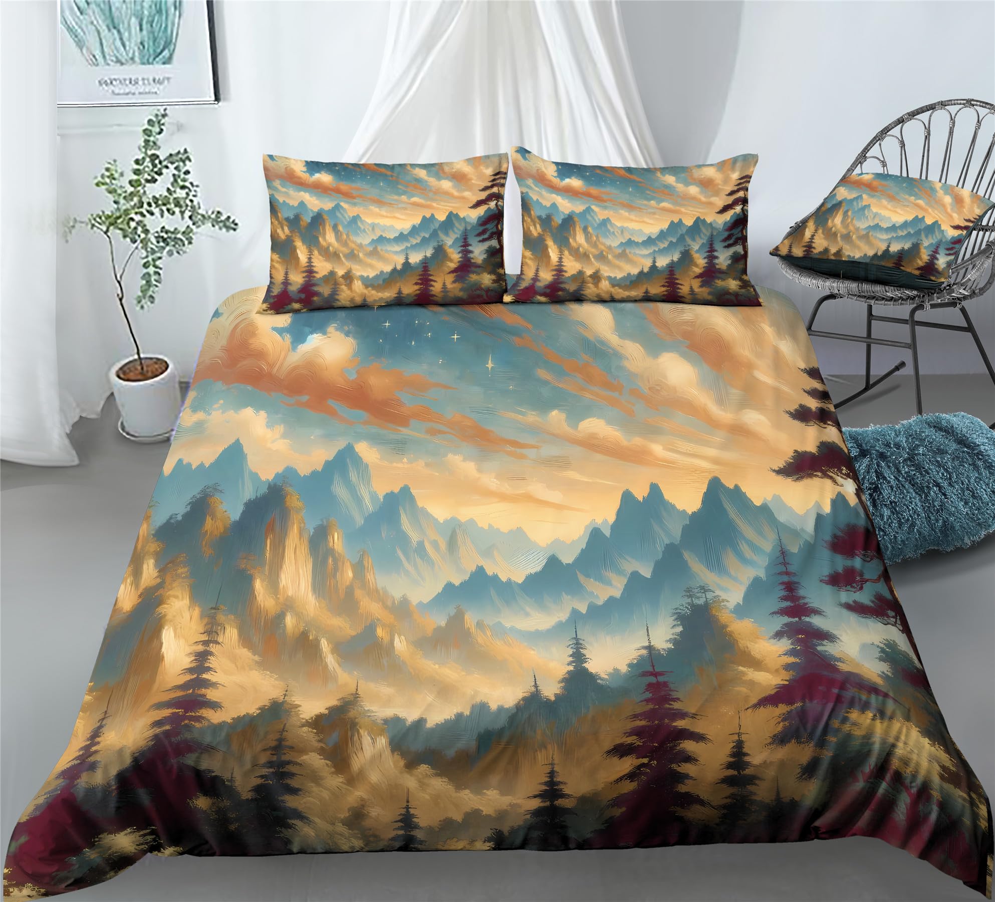 REALIN Hawthorn Bedding 3D Duvet Cover Set - Japan Forest Mountain River Design - 2/3/4PCS Quilt Cover with Sheets & Pillow Shams - Twin/Full/Queen/King Size (King-229x259cm-4PCS, Blue) - Perfect for Cozy Bedrooms, Guest Rooms & Vacation Homes