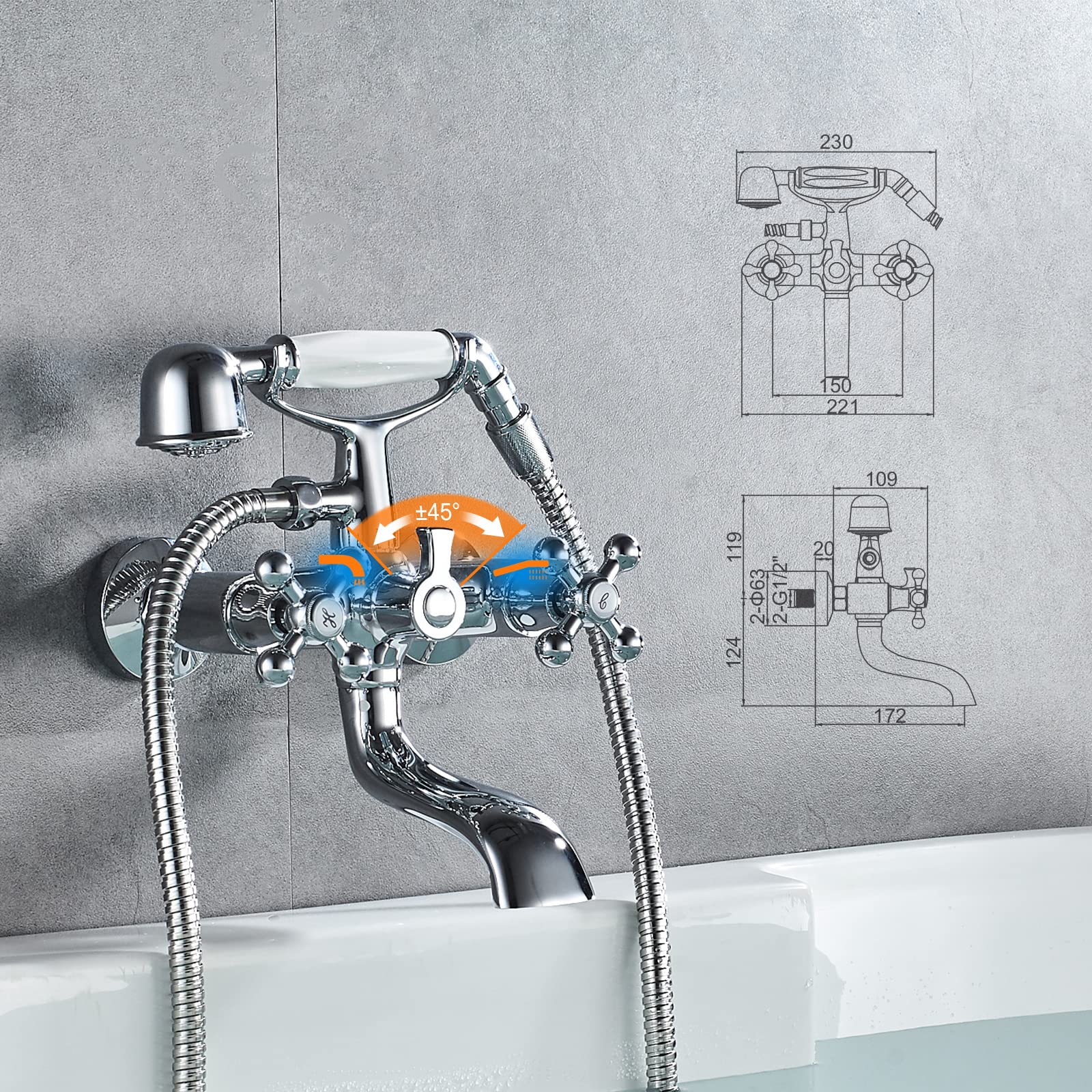 Vintage Bath-Shower Mixer Tap with Double Lever & Hand Shower - Chrome Finish for Modern Bathrooms | Flexible Hose & Stand Included | Perfect for Spa-Like Showers & Bathing Experience