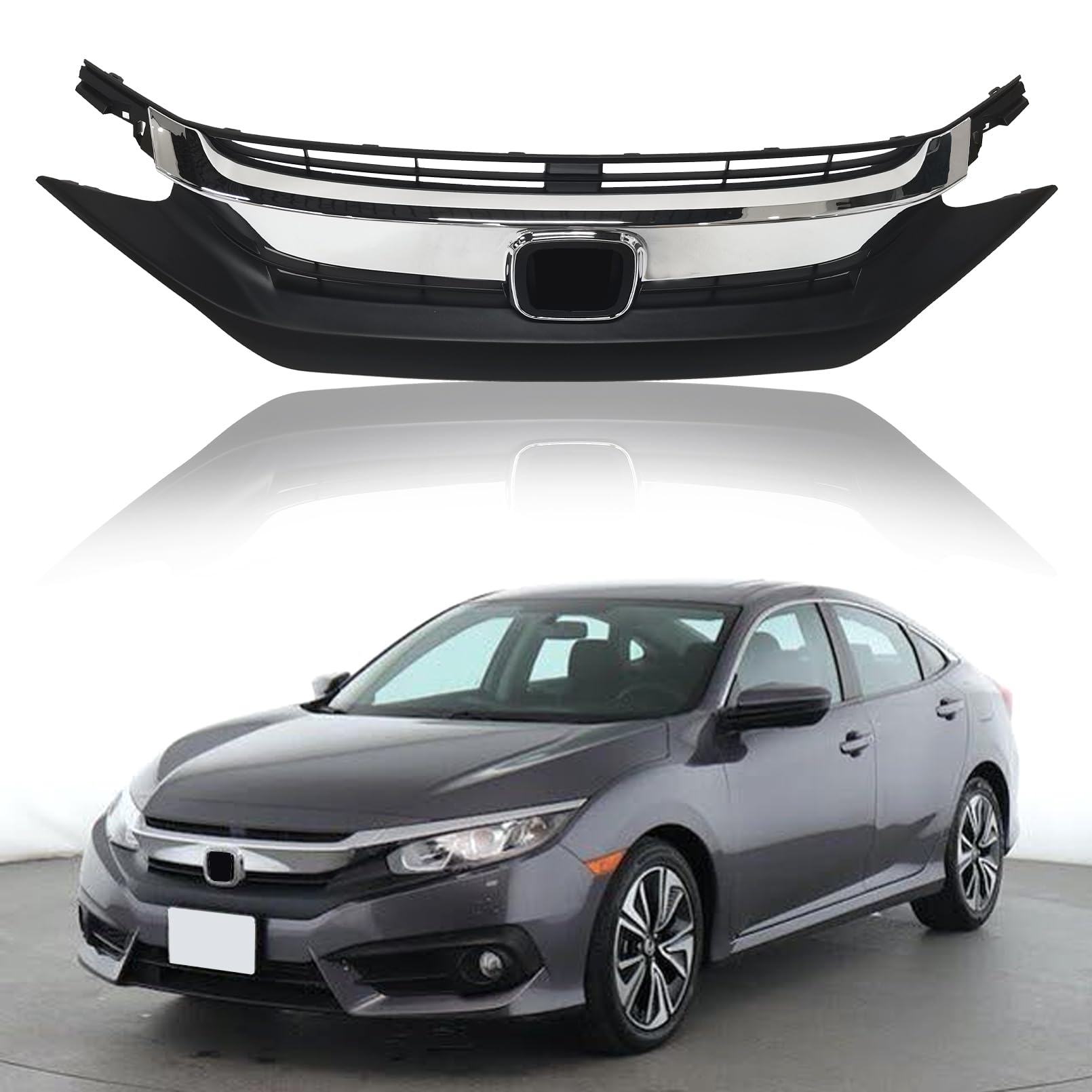 Chrome Front Bumper Upper Grille Guard for 2016-2018 Honda Civic | Replacement Part 71121TBAA01 & HO1200231 | Enhances Style & Protection for Daily Driving & Car Shows