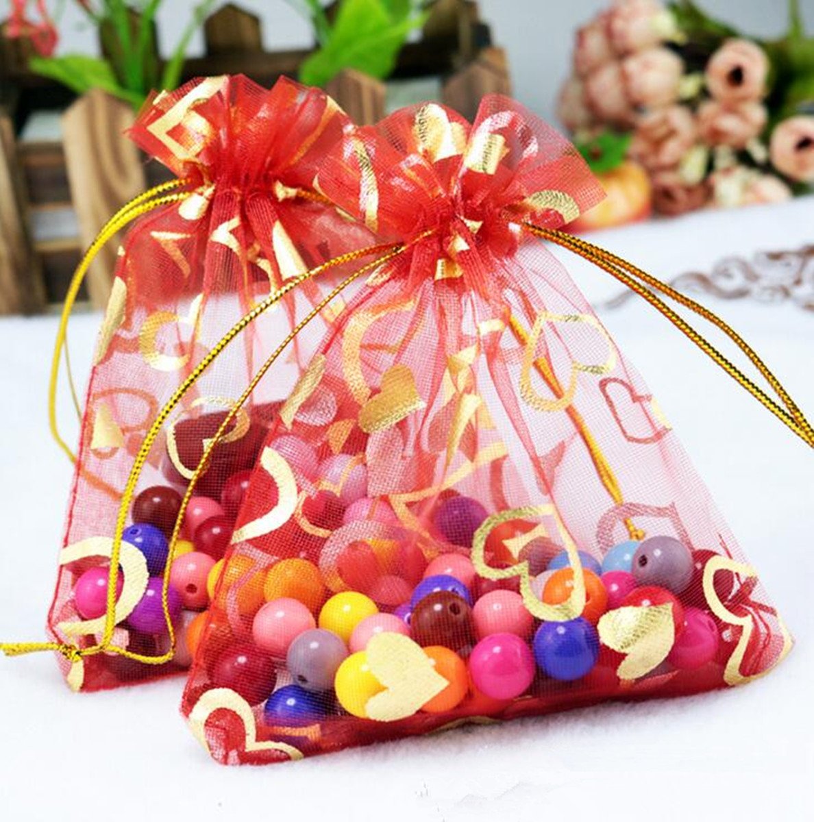 100pcs Red Organza Wedding Favor Bags 3x4 Inches - Heart Pattern Sheer Drawstring Pouches for Jewelry, Christmas Party Gifts, Bridal Shower Favors & Birthday Party Decorations