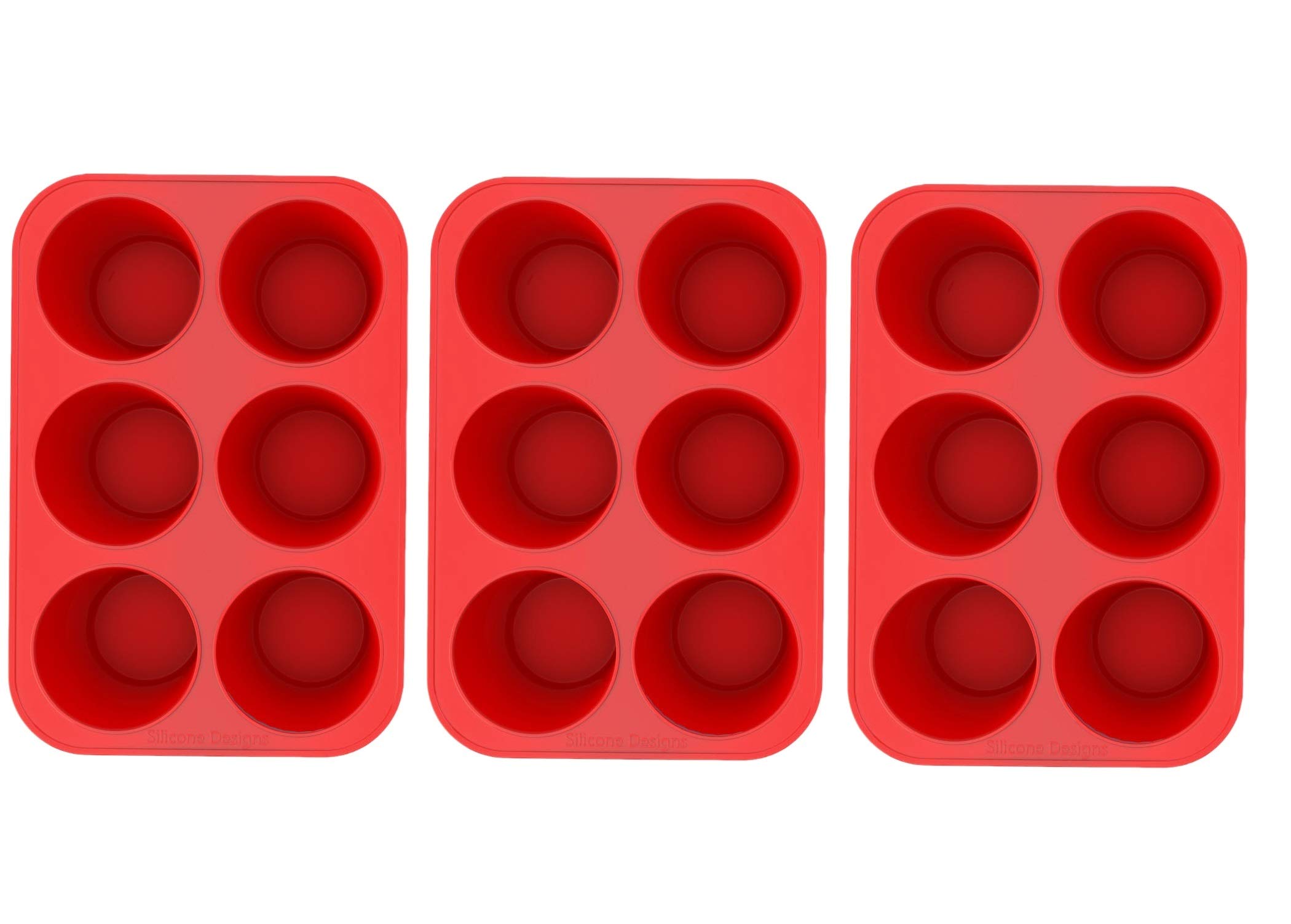 Premium Silicone Texas Muffin Pans & Cupcake Makers - 6-Cup Non-Stick Baking Set of 3 (Red) - Perfect for Baking Jumbo Muffins, Cupcakes, and Desserts at Home or Parties