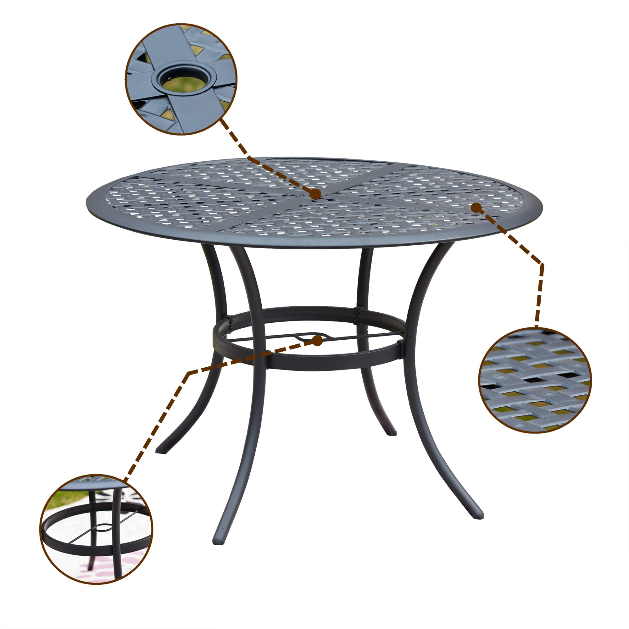 LOKATSE HOME 42.1 Inch Outdoor Patio Bistro Metal Wrought Iron Round Dining Table with Umbrella Hole - Black for Garden, Backyard, Poolside & Restaurant Use