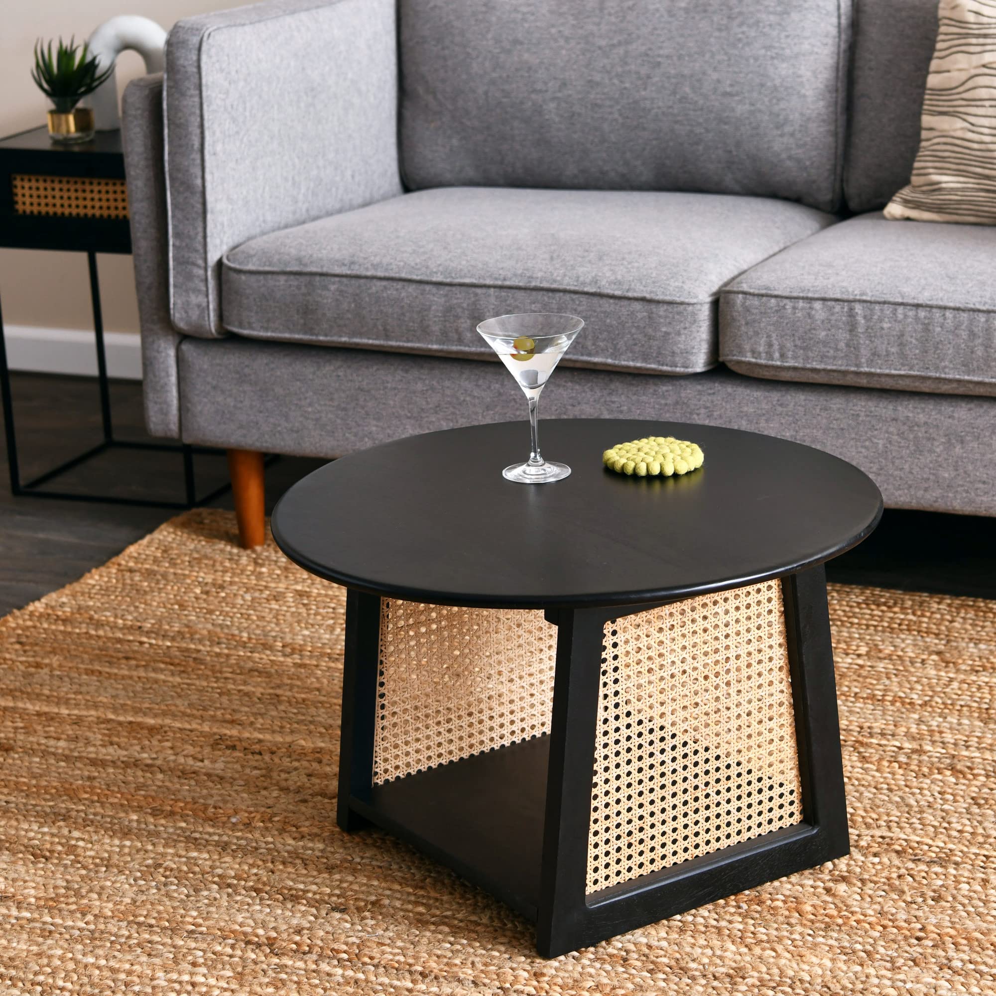 Creative Co-Op Mango Wood Coffee Table with Woven Cane - Black Finish Transitional Accent Table for Living Room | Perfect for Modern Farmhouse, Boho & Mid-Century Decor