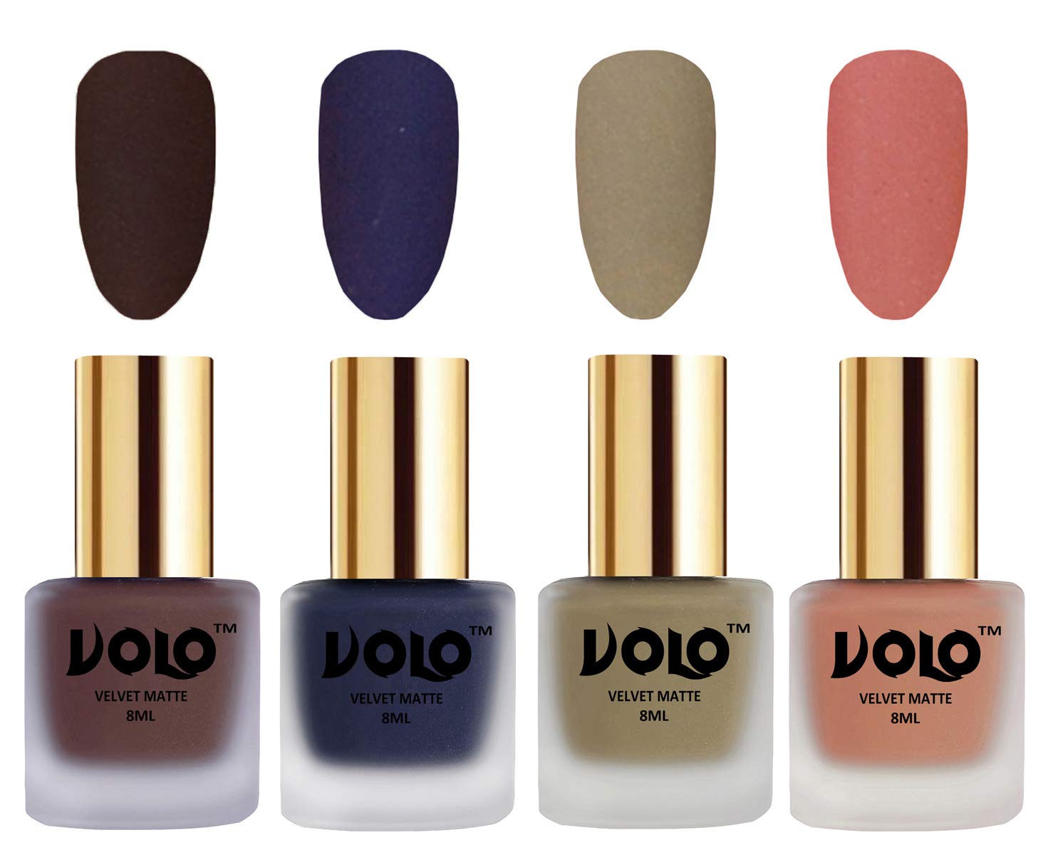 Volo Velvet Matte Nail Polish Set - 4 Pack (Chocolate Brown, Navy Blue, Sand Nude, Light Peach) 32ml - Long Lasting & Chip Resistant - Perfect for Parties, Weddings & Everyday Wear