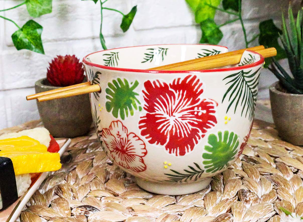 Ebros White Colorful Nectar Flowers Ramen Udon Noodles Ceramic Porcelain Bowl Set with Built-in Chopstick Rest & Bamboo Chopsticks - Perfect for Asian Cuisine, Soup, Rice, and Noodle Meals in Kitchen & Dining