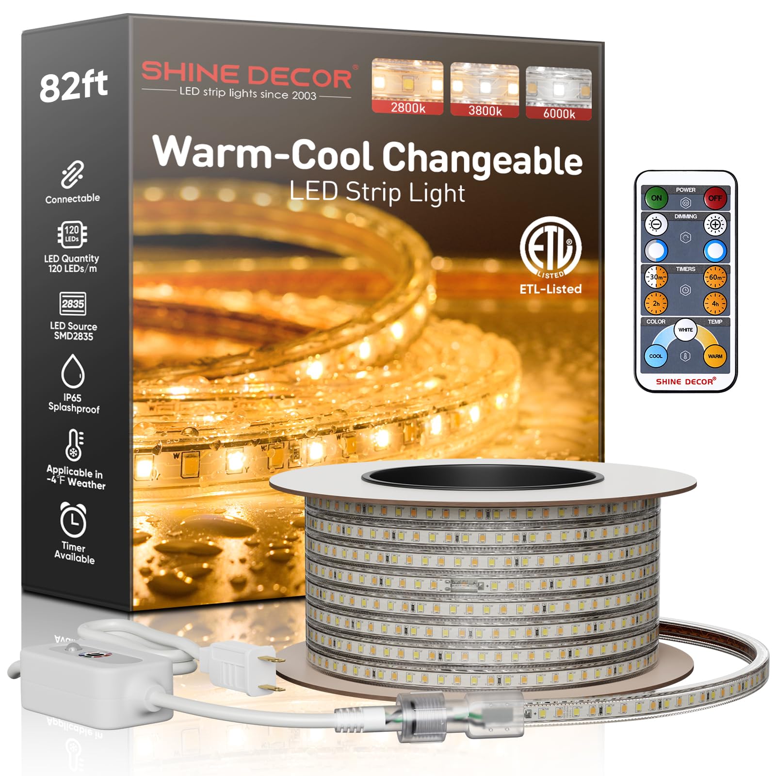 Shine Decor LED Strip Lights 82FT, Connectable & Dimmable, CCT 2800-6000K Warm to Cool White, Waterproof Outdoor Rope Lighting with Remote & Timer, ETL Listed - Perfect for Bedroom, Kitchen, Patio, and Holiday Decorations