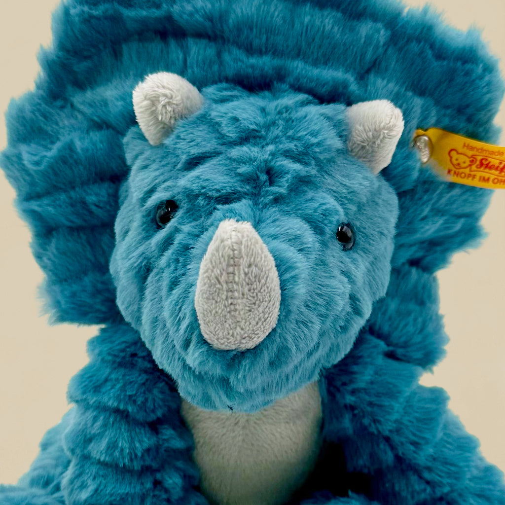 Steiff Dixi Triceratops Dinosaur Plush Toy with Floss & Rock Magic Color-In Cards - Perfect for Kids' Playtime, Gifts, and Dinosaur-Themed Parties