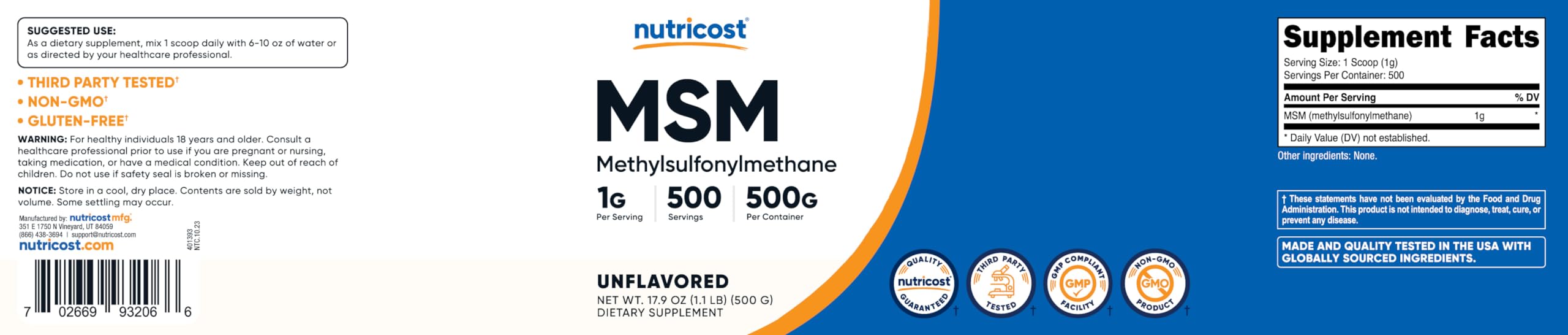 Nutricost Pure MSM Powder 500g (Methylsulfonylmethane) - Dietary Supplement for Joint Health, Skin & Hair Care - Supports Mobility & Collagen Production - Ideal for Athletes & Wellness Enthusiasts